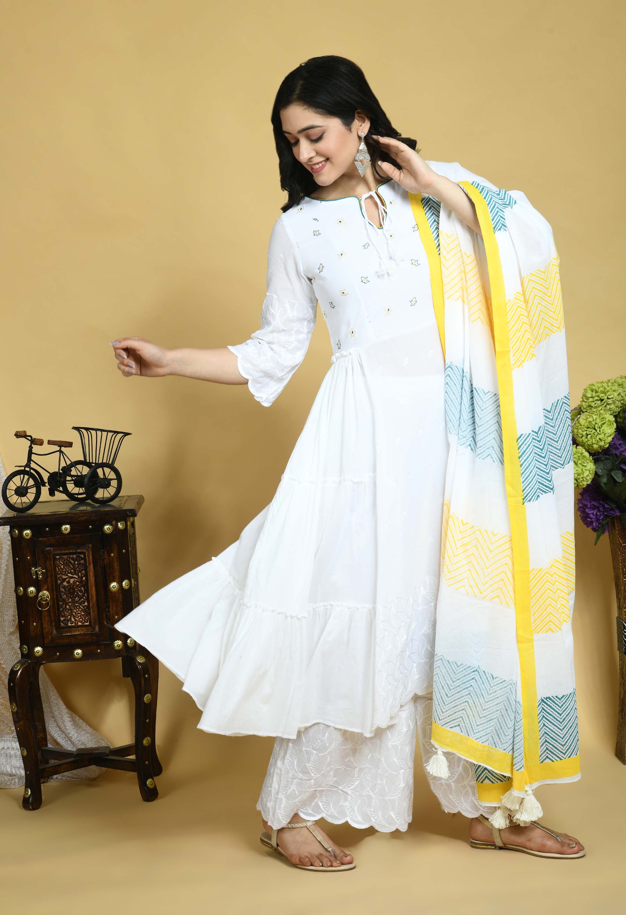 White-Coloured yoke Embroidered Teal Blue & Yellow side frills Kurta with Palazzo and dupatta