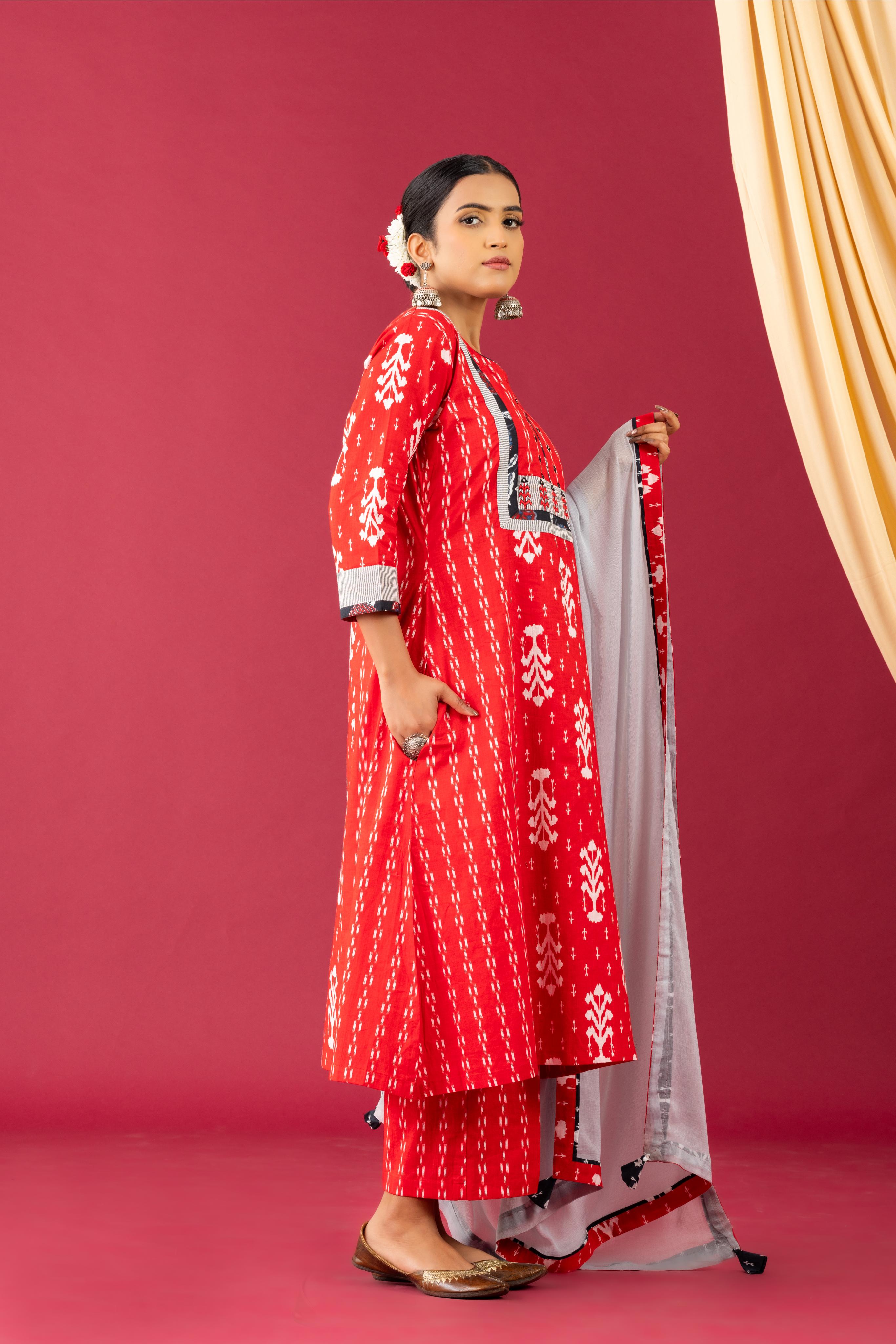 Bahaar Red ikkat print kurta set