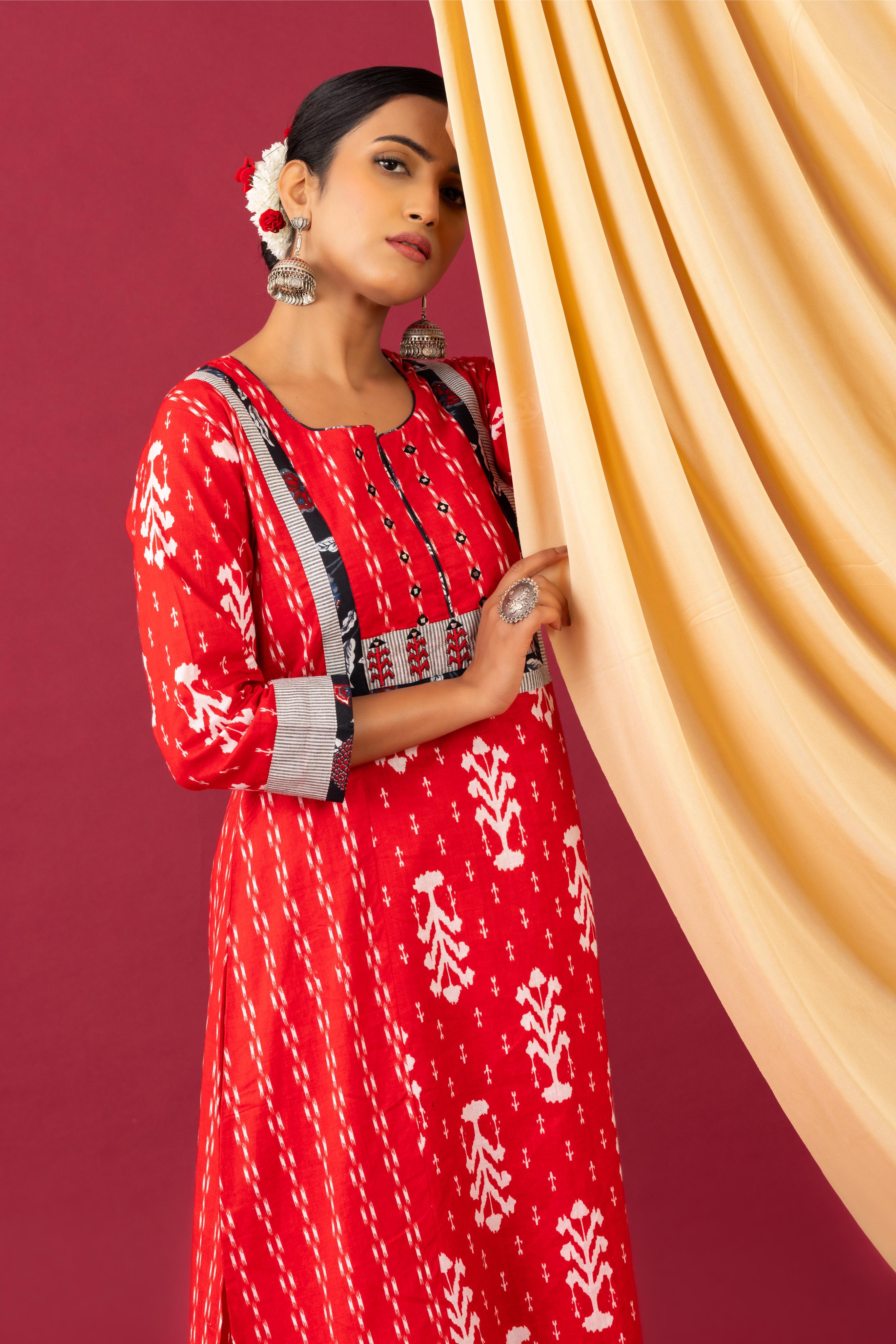 Bahaar Red ikkat print kurta set