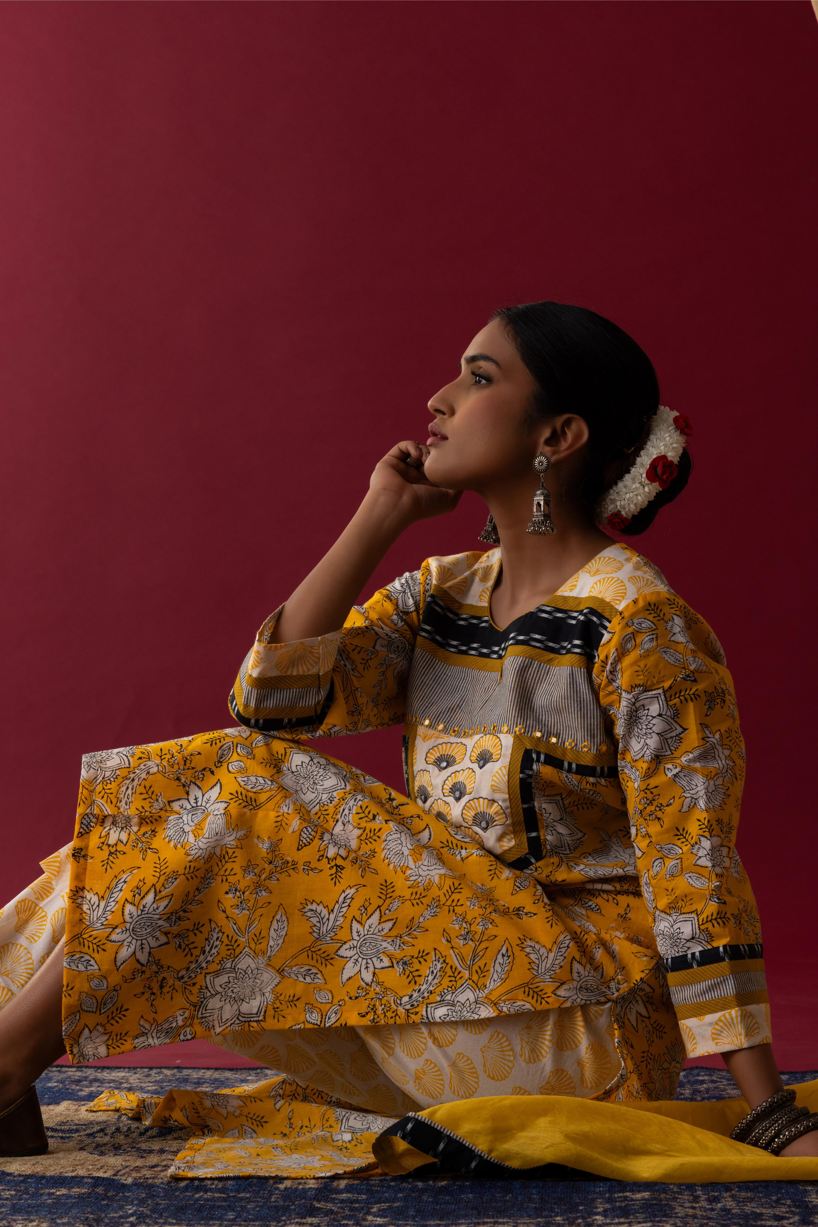 Bahaar Yellow mushroom handblock printed kurta set