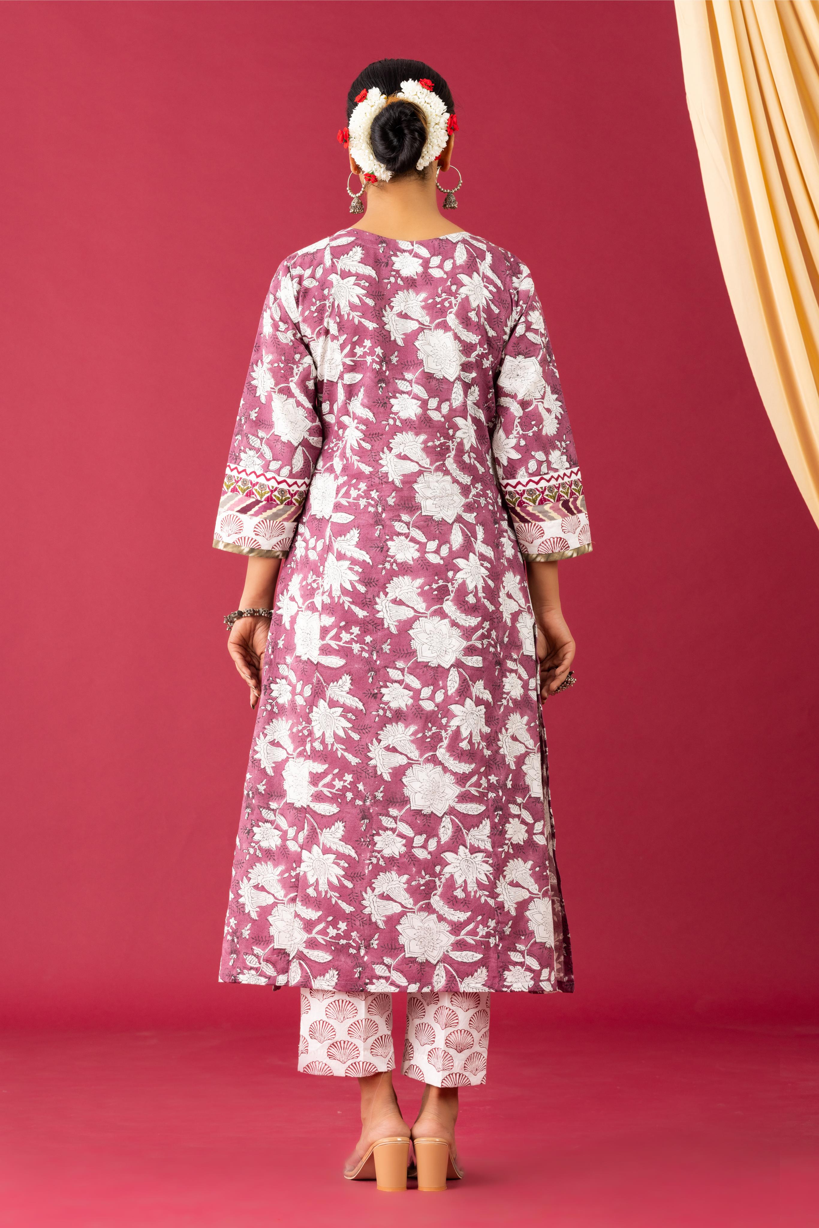 Bahaar Wine handblock kurta set
