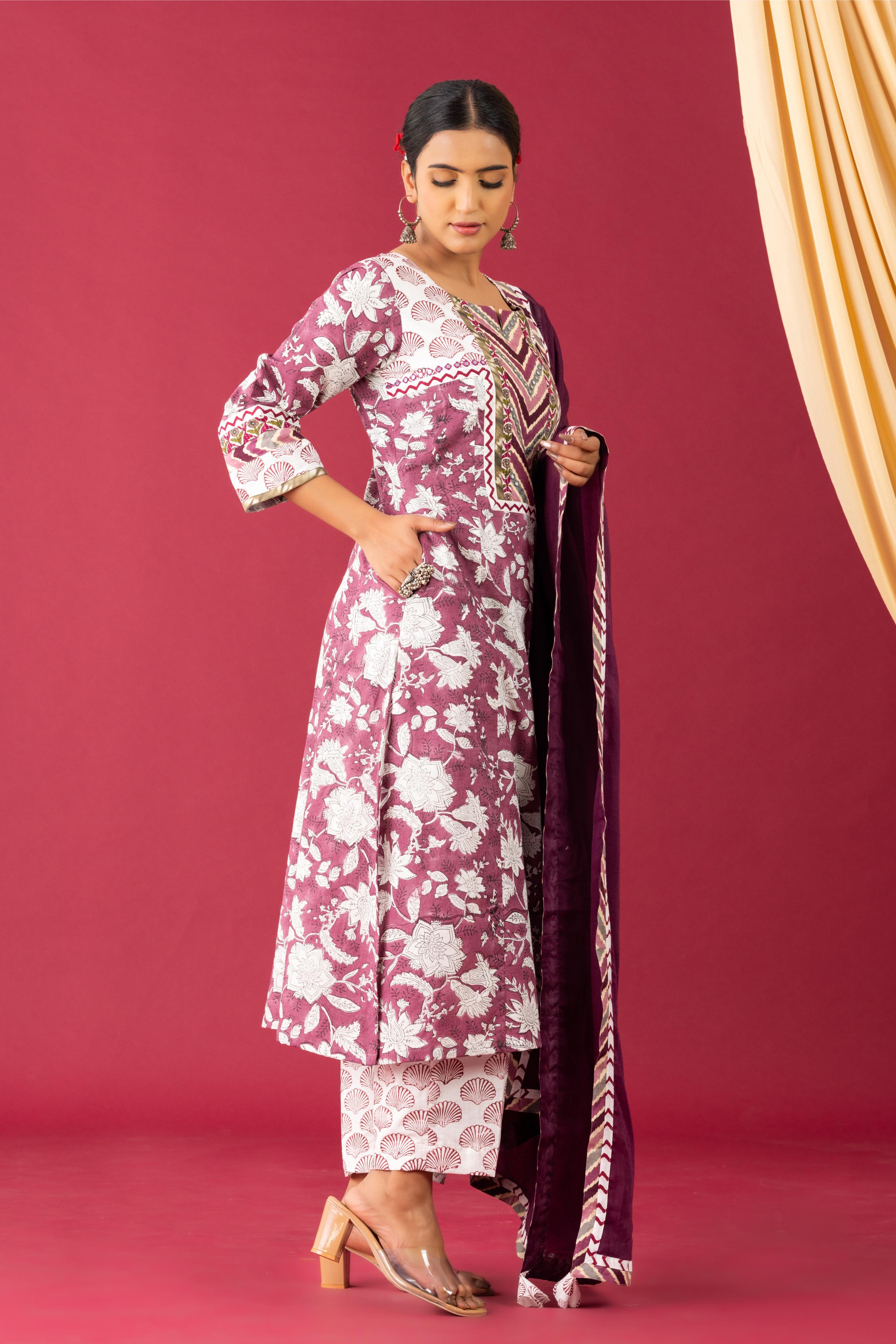 Bahaar Wine handblock kurta set