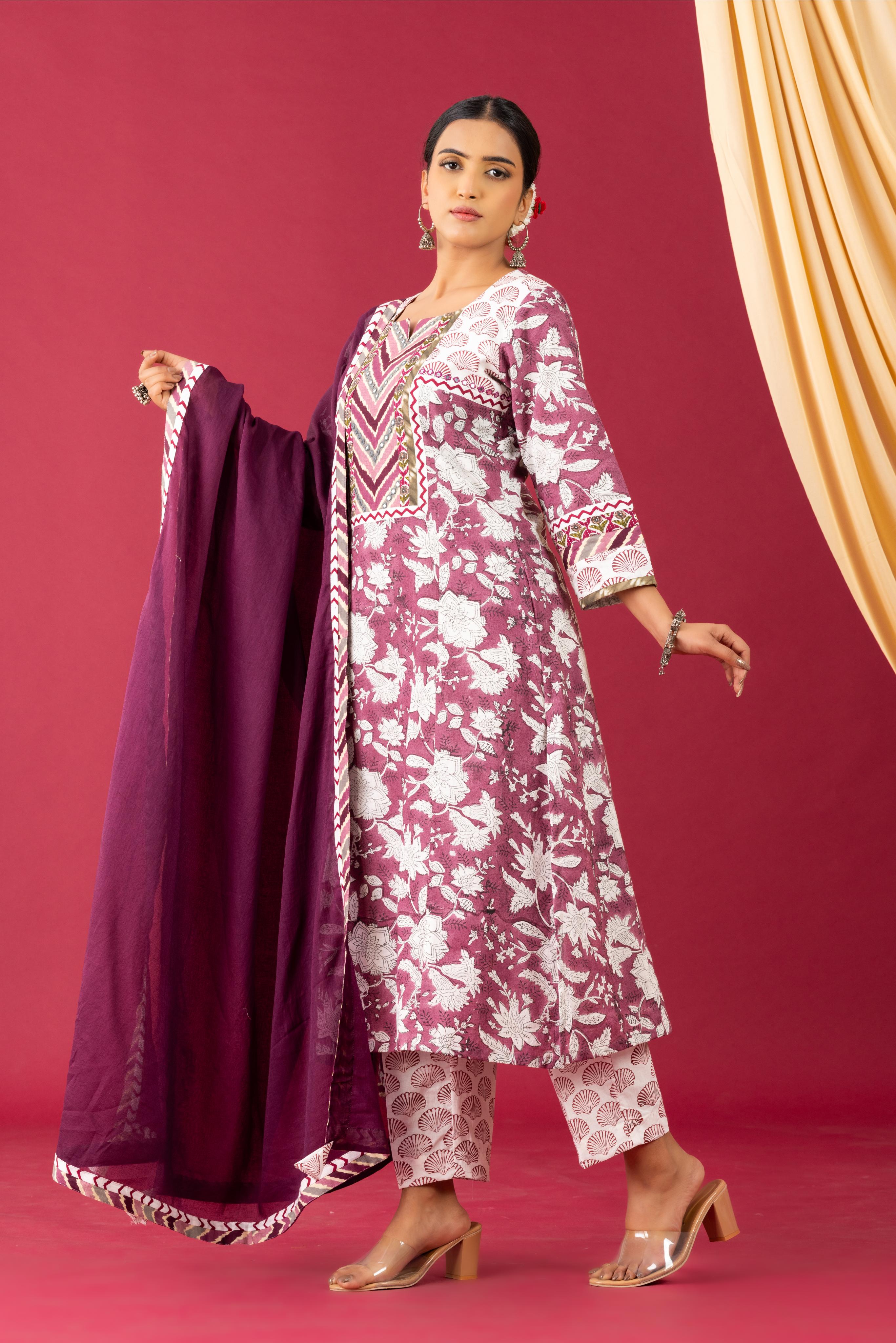 Bahaar Wine handblock kurta set