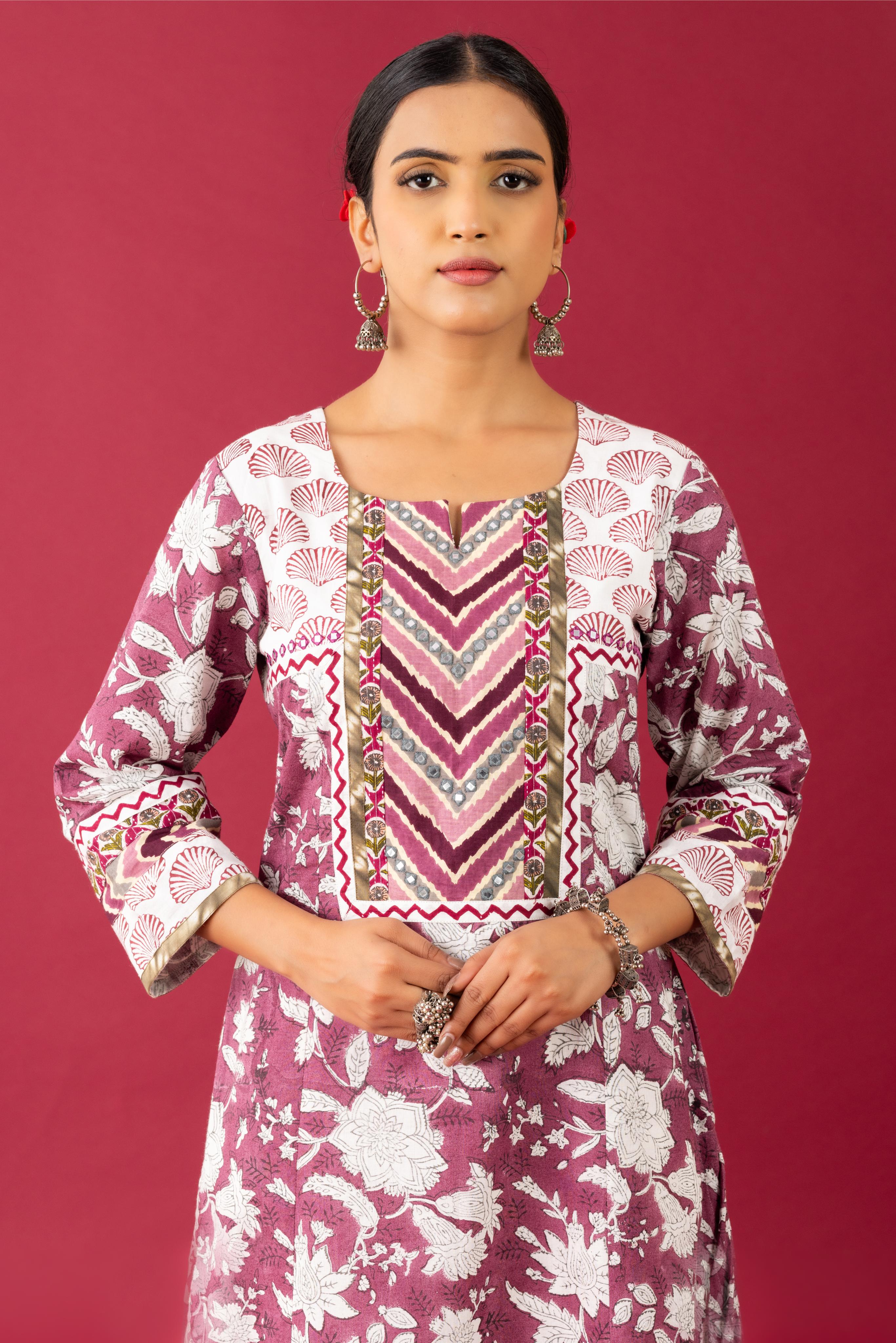 Bahaar Wine handblock kurta set