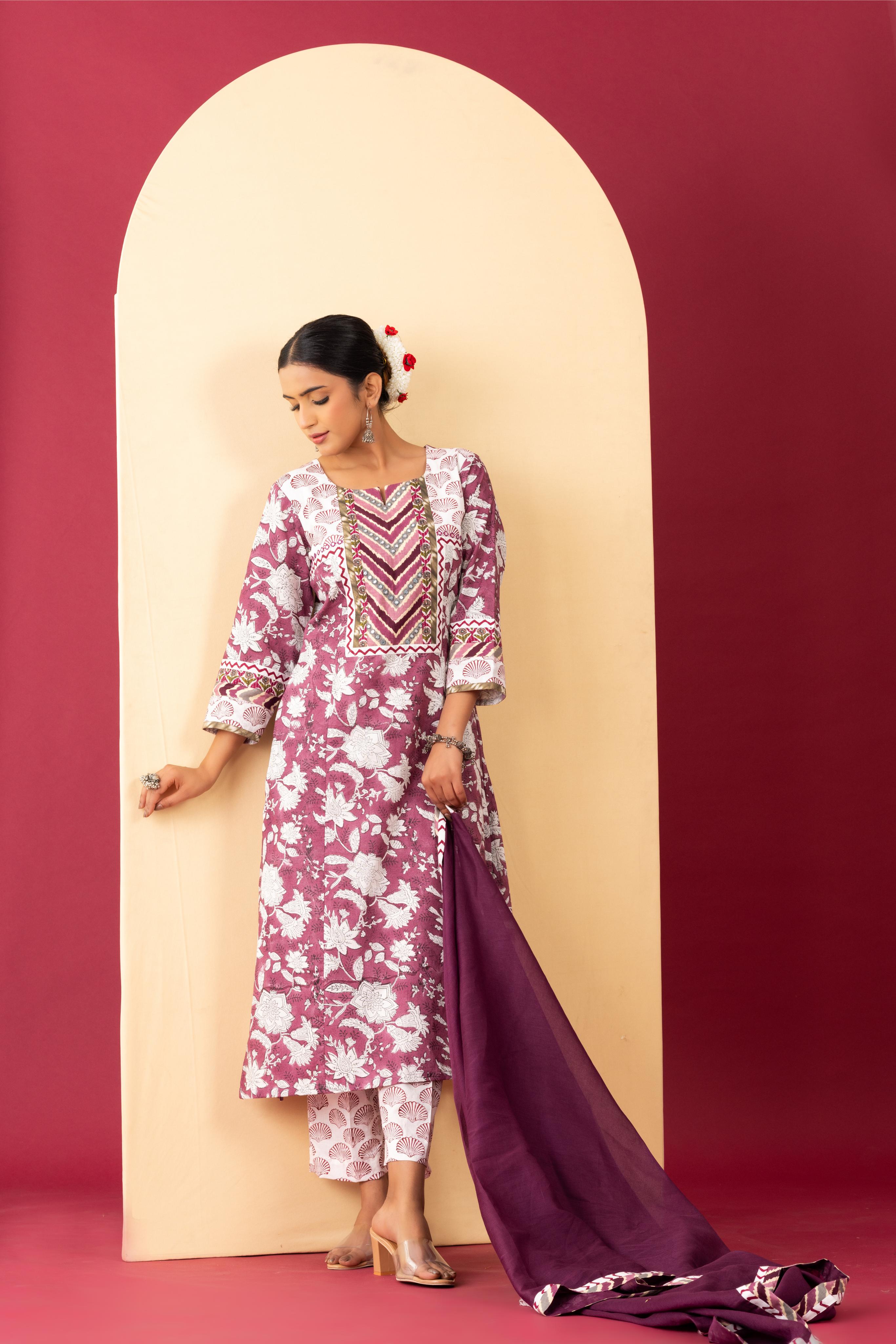 Bahaar Wine handblock kurta set