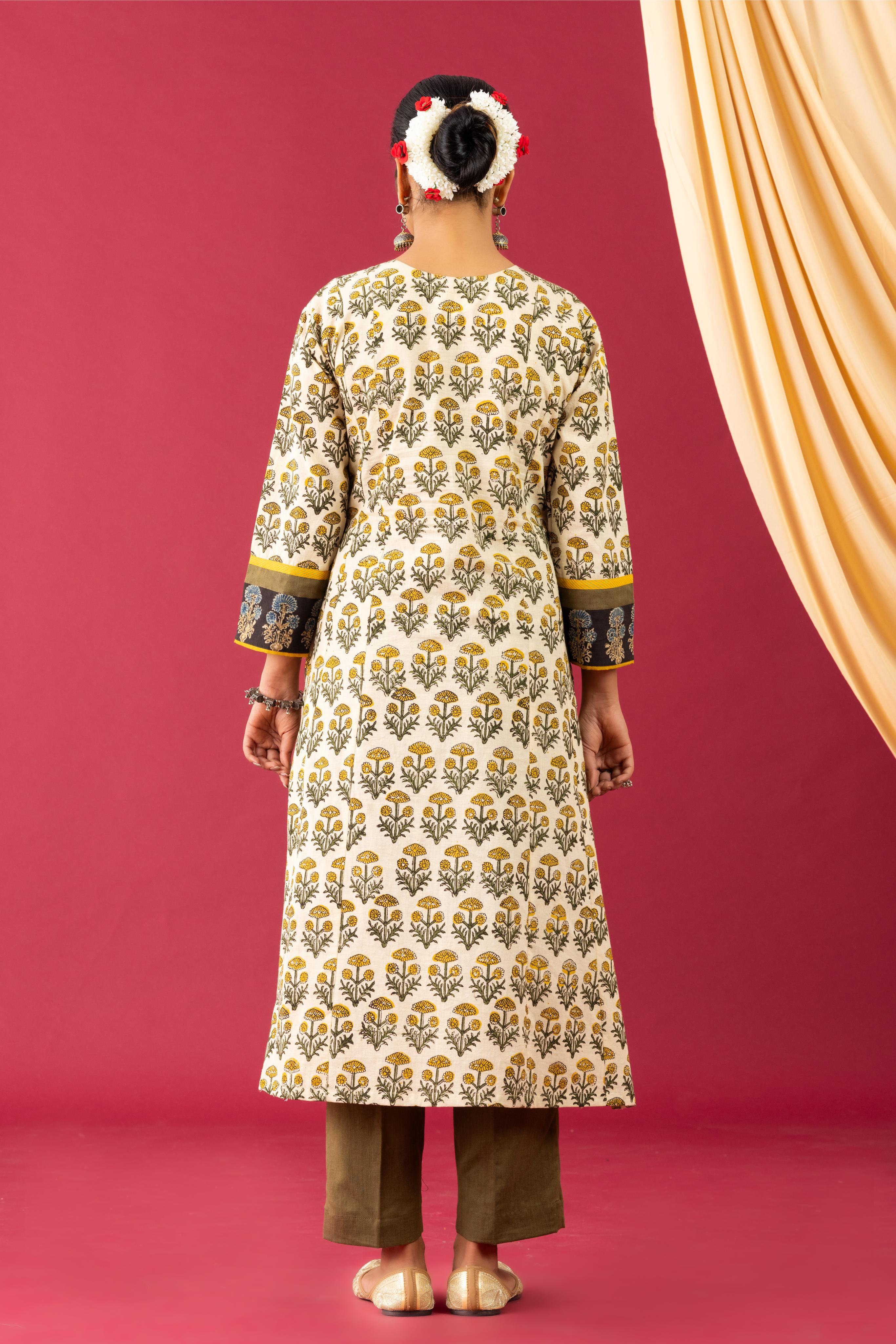 Bahaar Mehndi Green Handblock Printed kurta set