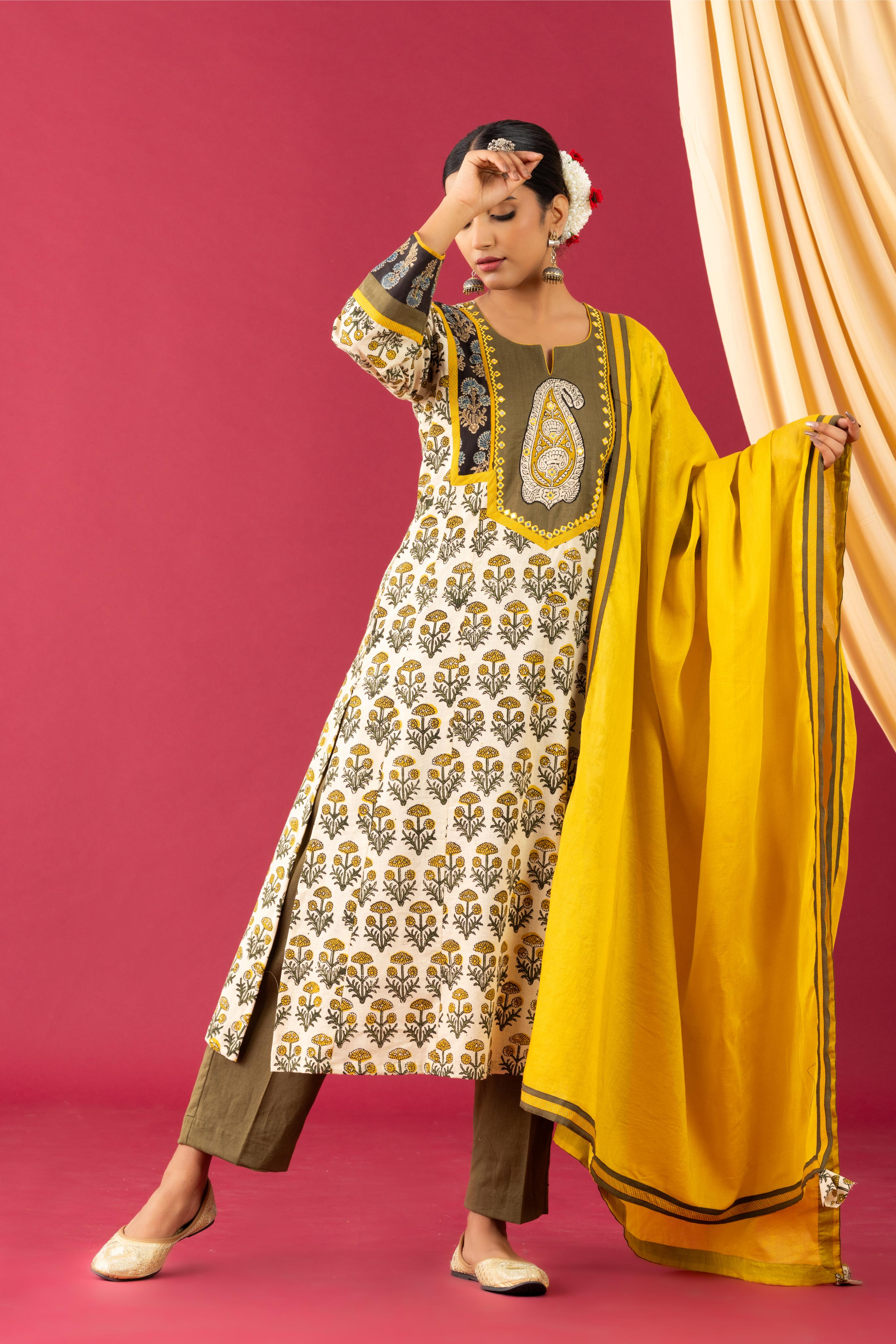 Bahaar Mehndi Green Handblock Printed kurta set