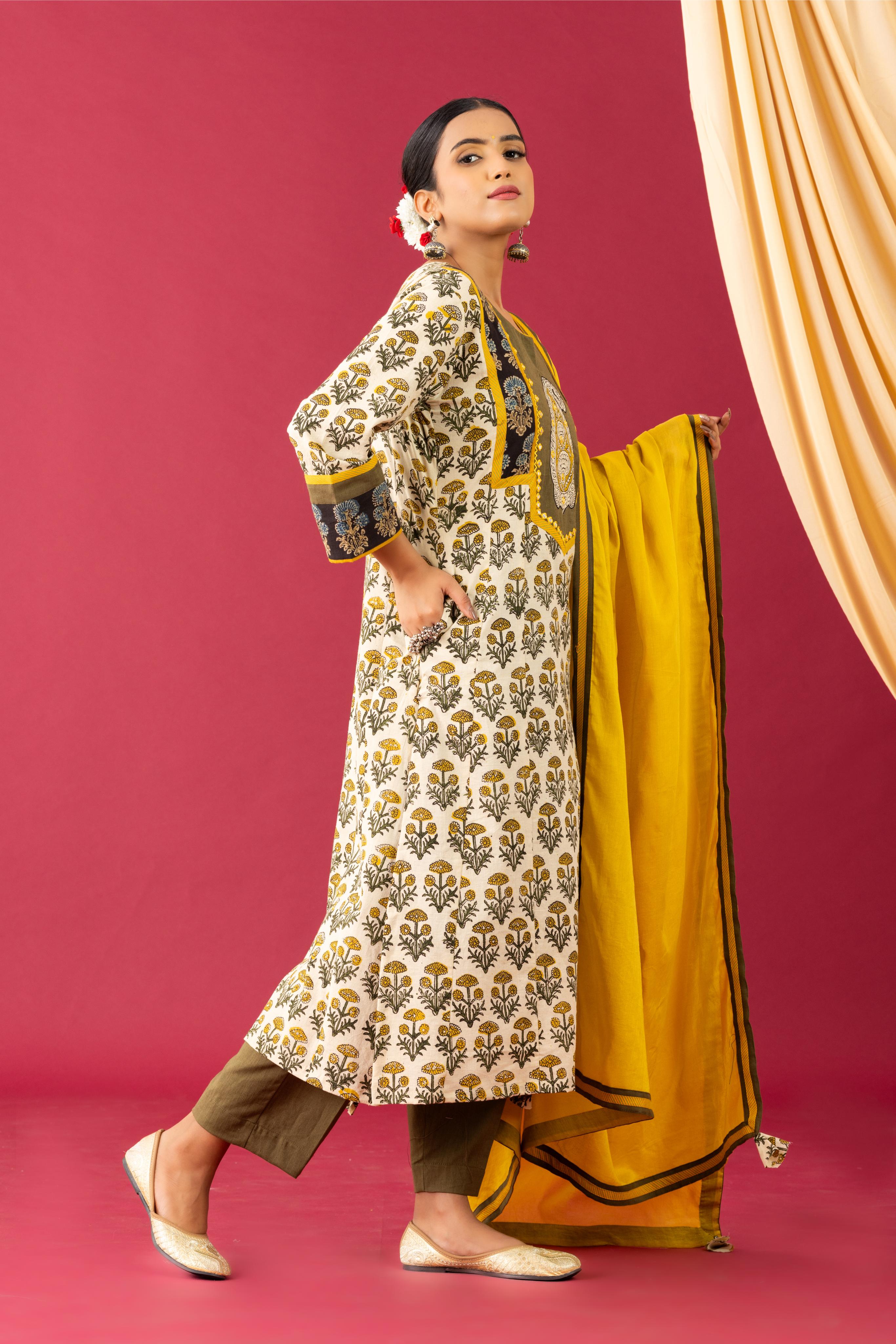 Bahaar Mehndi Green Handblock Printed kurta set