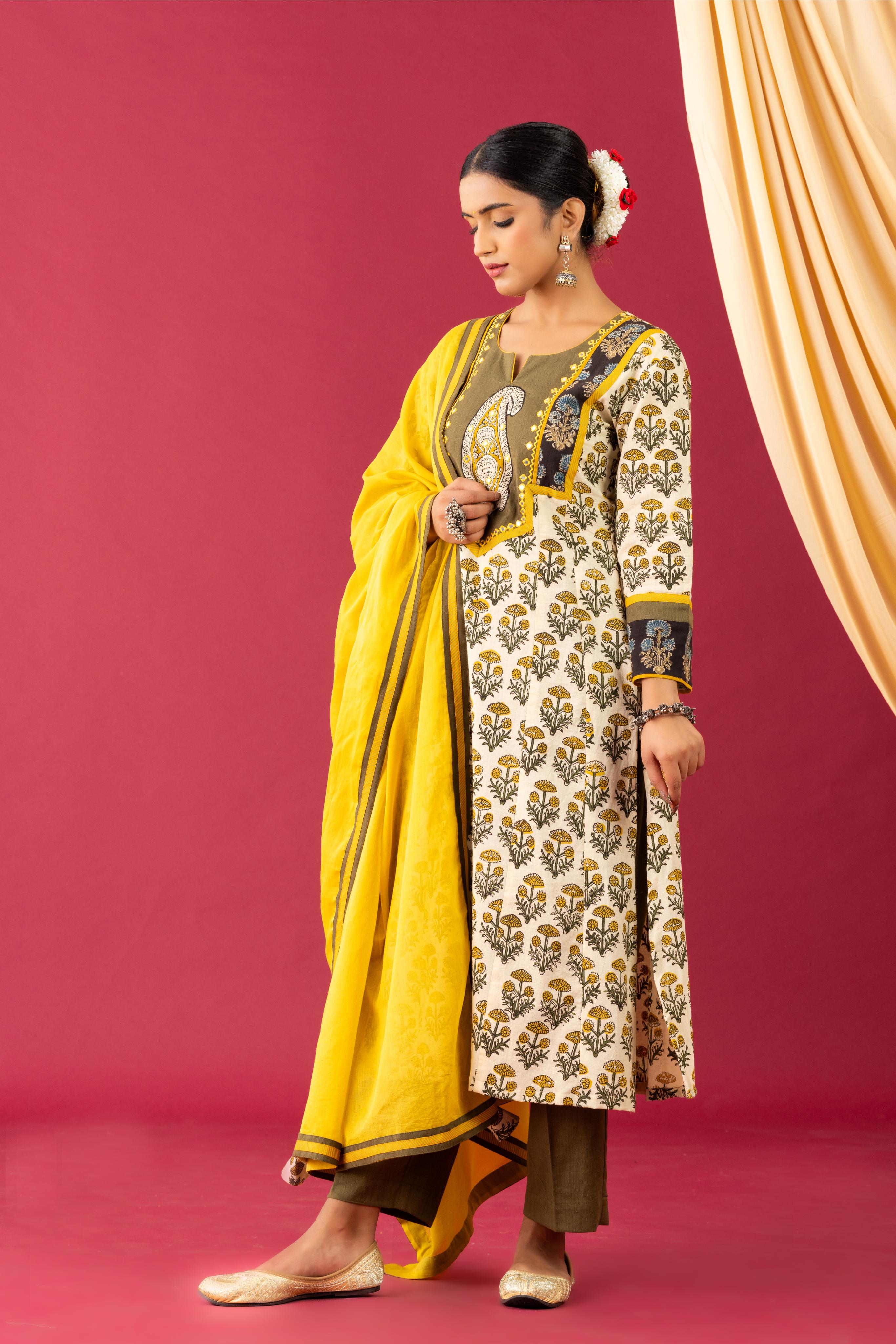 Bahaar Mehndi Green Handblock Printed kurta set