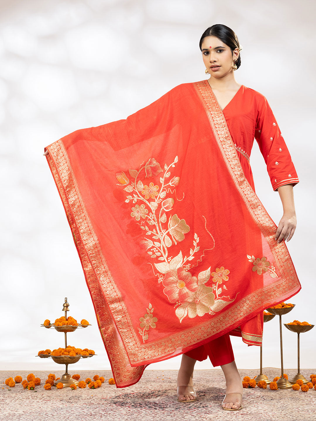 Utsav Women Red Zari Embroidered Suit - Set of 3