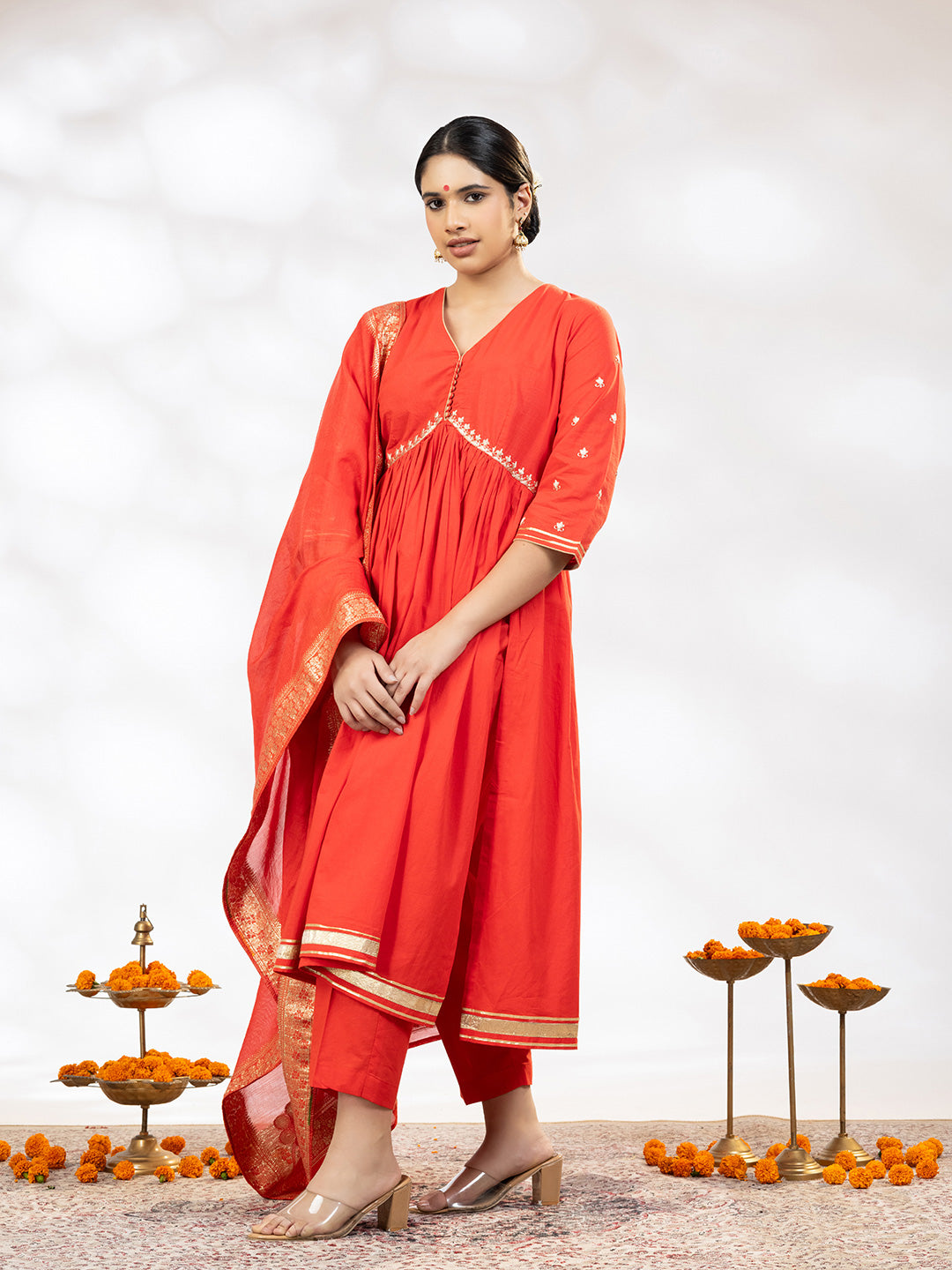 Utsav Women Red Zari Embroidered Suit - Set of 3