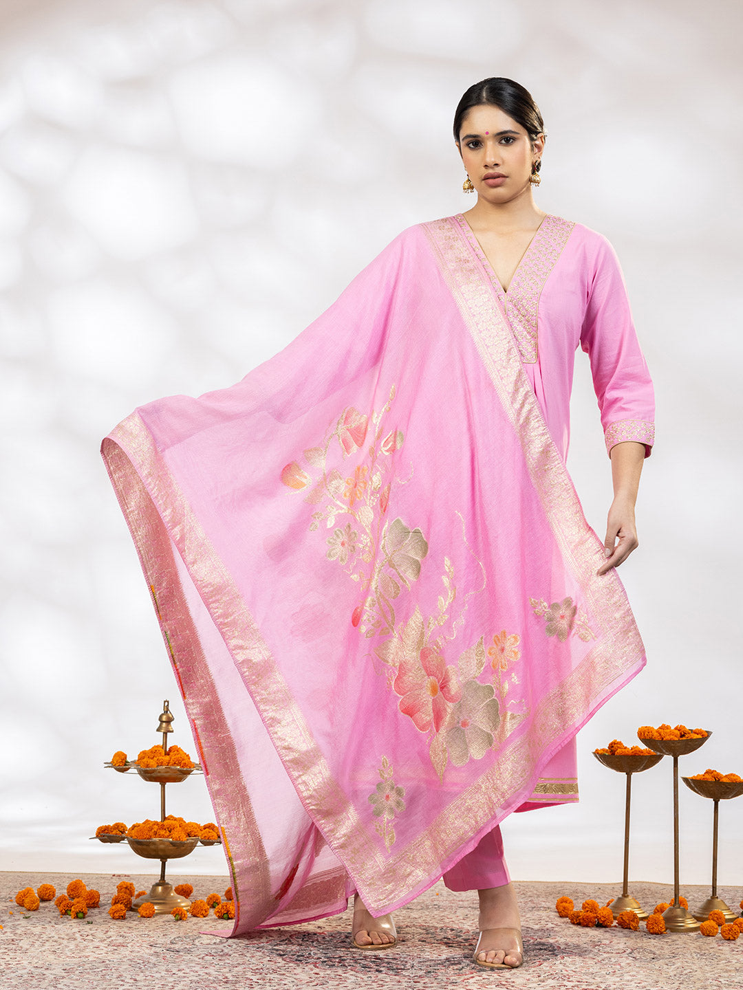 Utsav Women Pink Zari Embroidered Suit - Set of 3