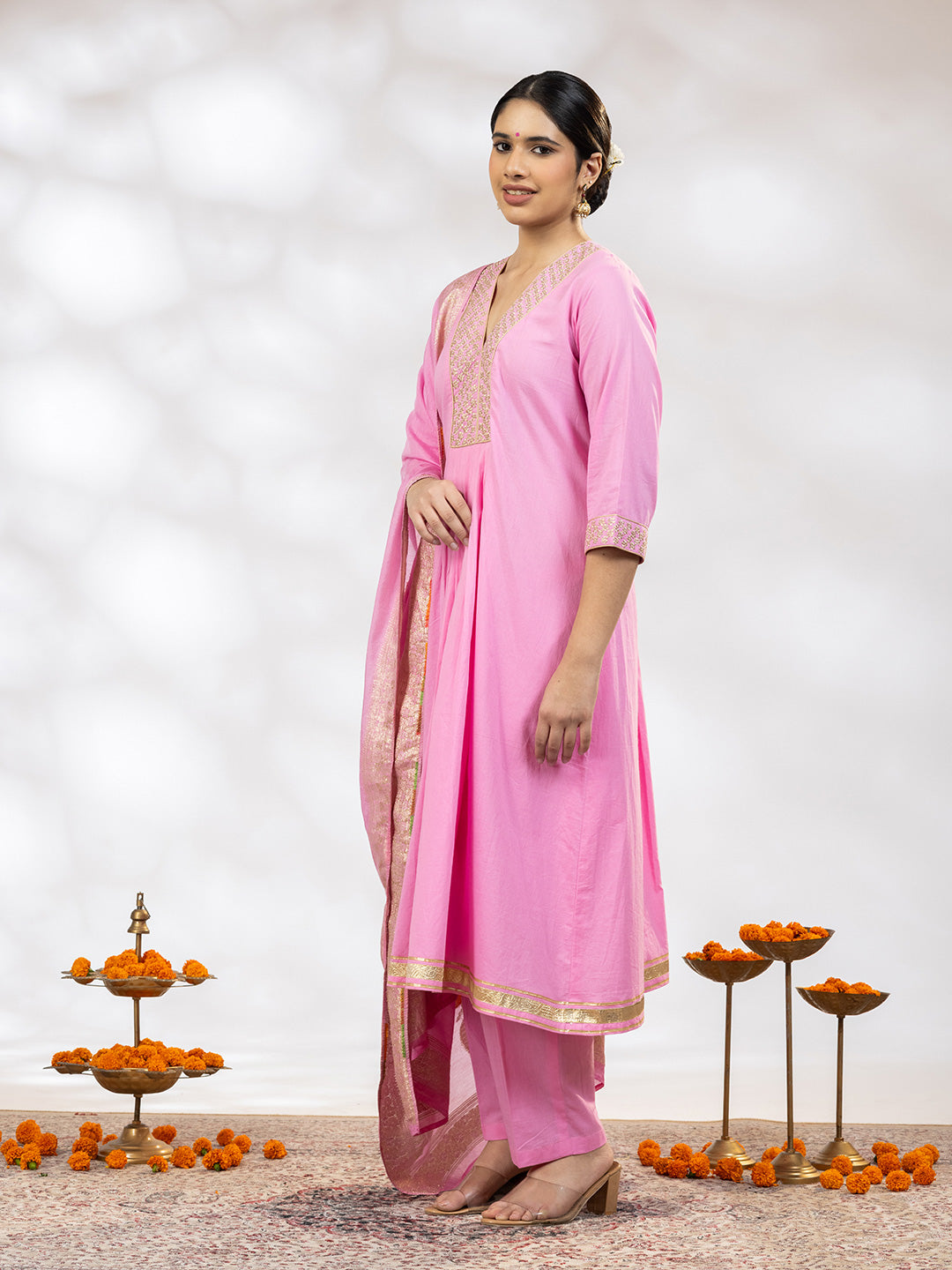 Utsav Women Pink Zari Embroidered Suit - Set of 3