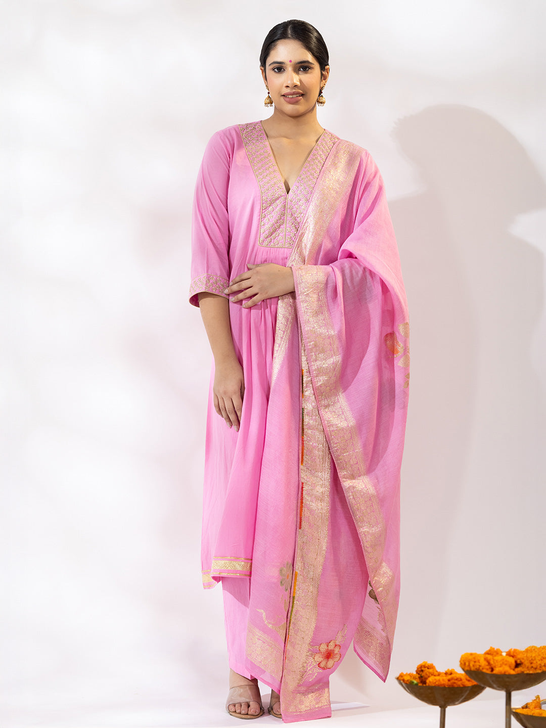 Utsav Women Pink Zari Embroidered Suit - Set of 3