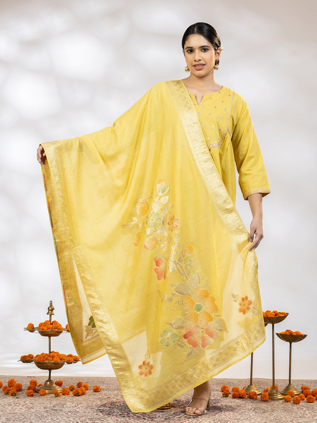 Utsav Women Yellow Zari Embroidered Suit - Set of 3