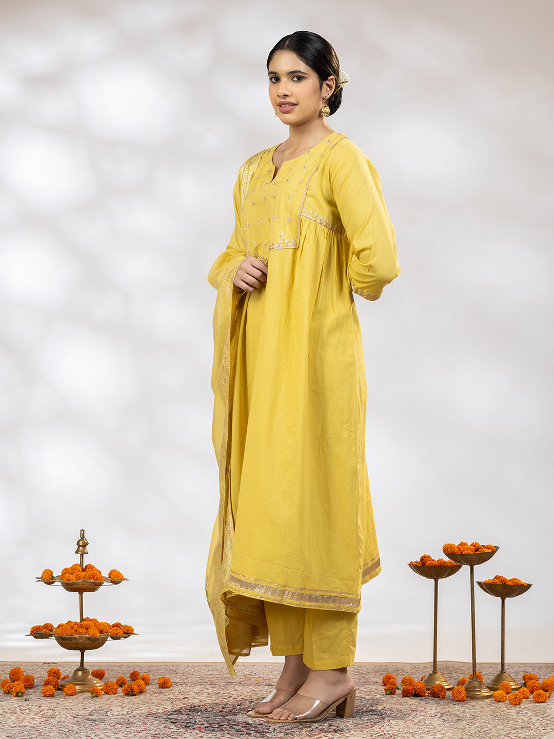 Utsav Women Yellow Zari Embroidered Suit - Set of 3