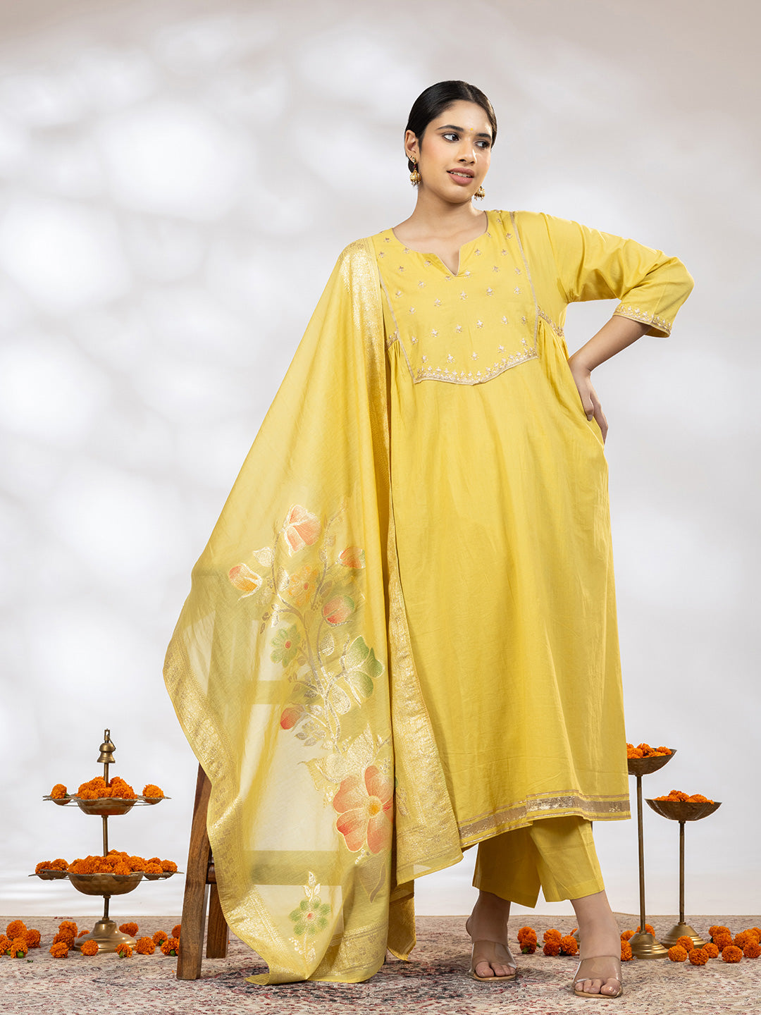 Utsav Women Yellow Zari Embroidered Suit - Set of 3