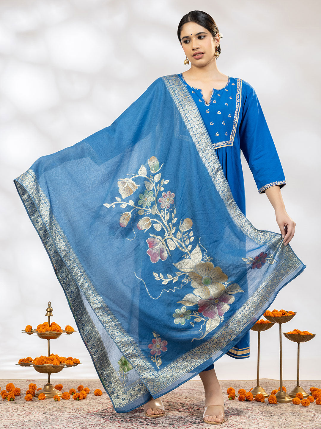 Utsav Women Blue Zari Embroidered Suit - Set of 3