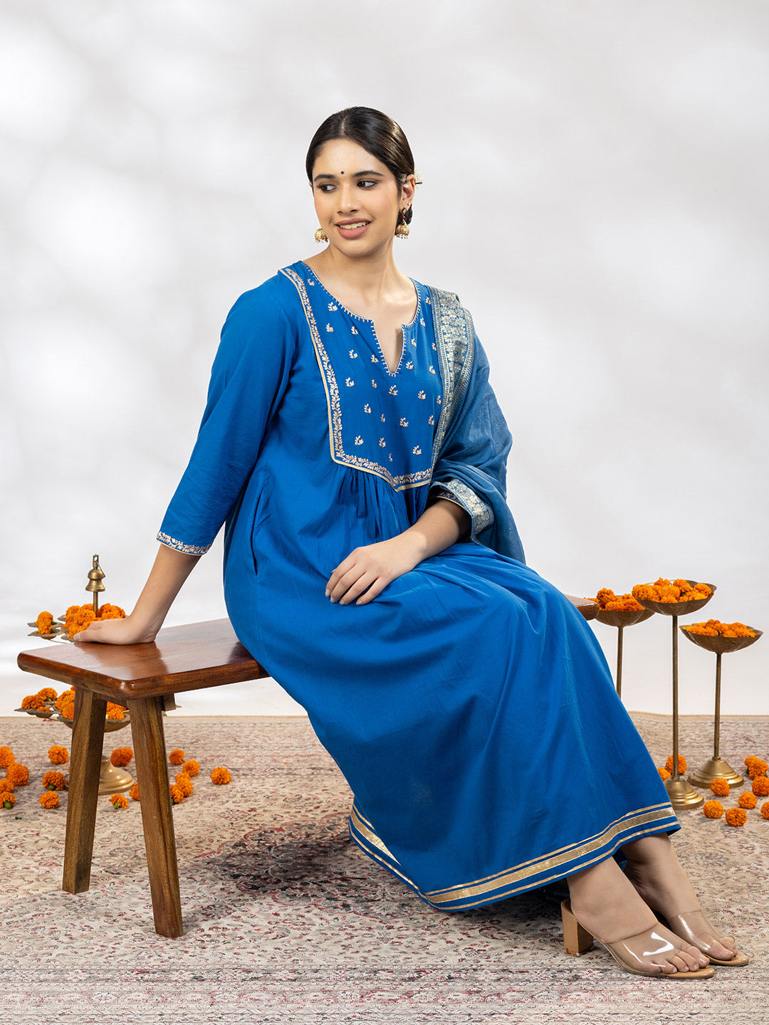 Utsav Women Blue Zari Embroidered Suit - Set of 3