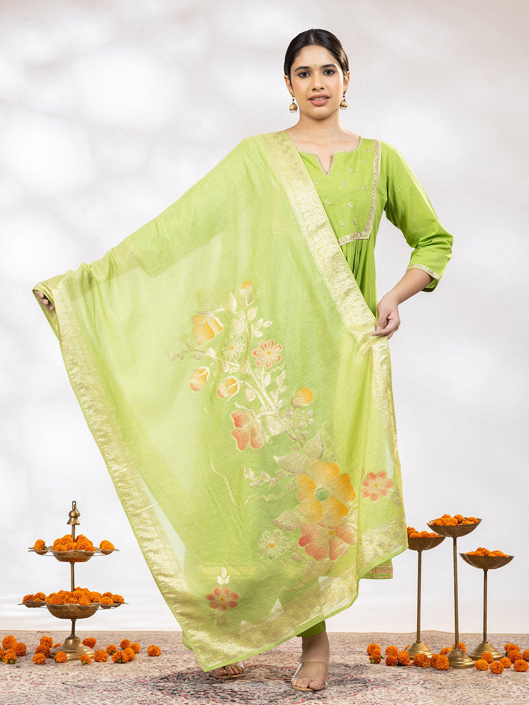 Utsav Women Green Zari Embroidered Suit - Set of 3