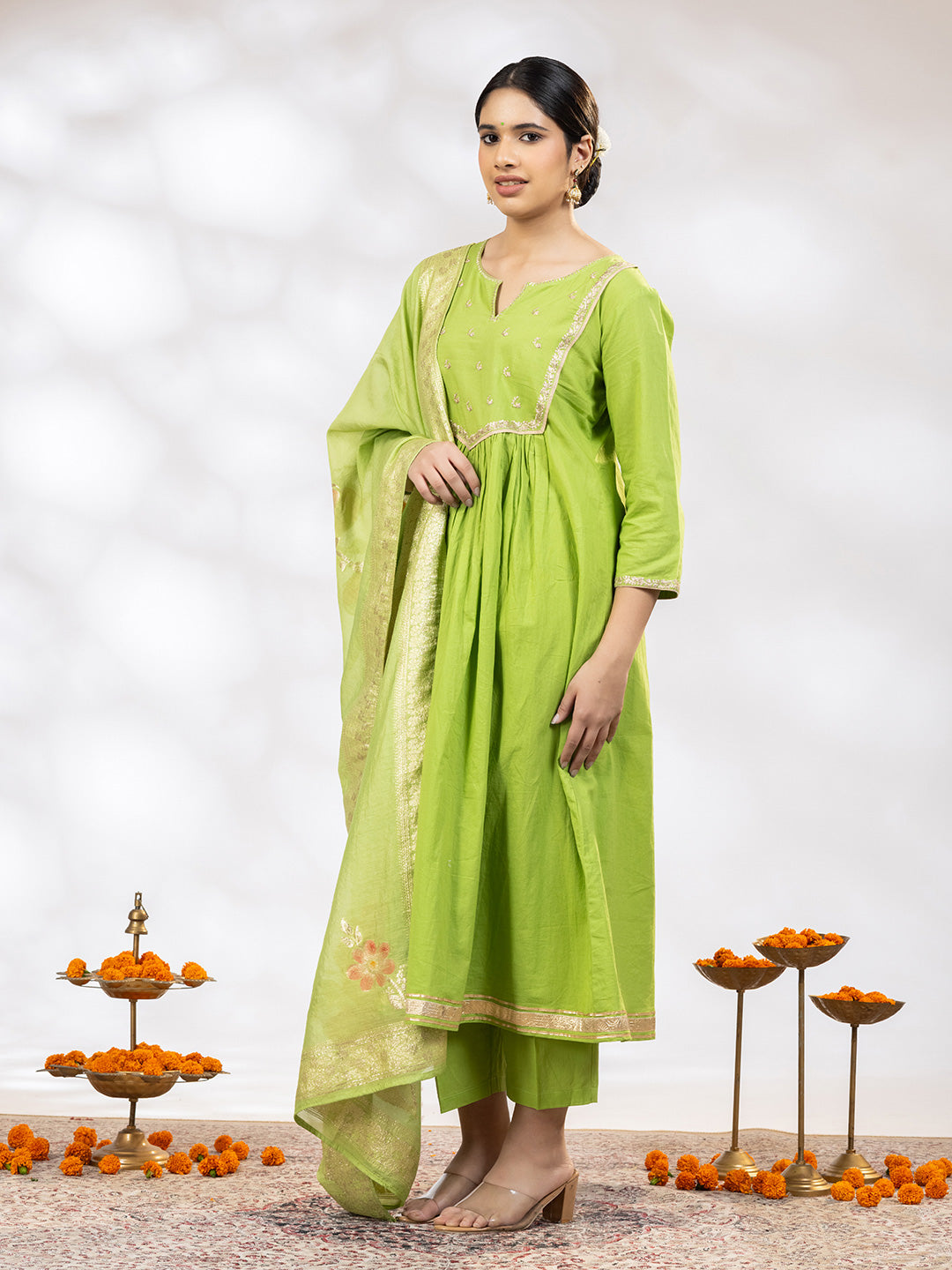 Utsav Women Green Zari Embroidered Suit - Set of 3