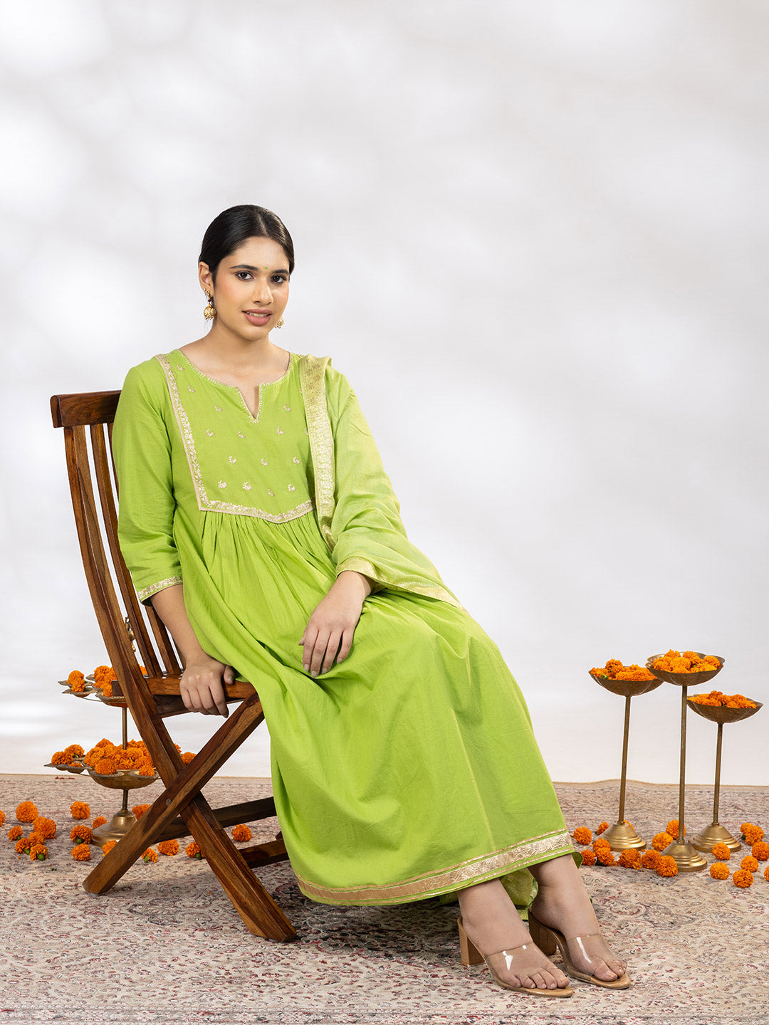 Utsav Women Green Zari Embroidered Suit - Set of 3