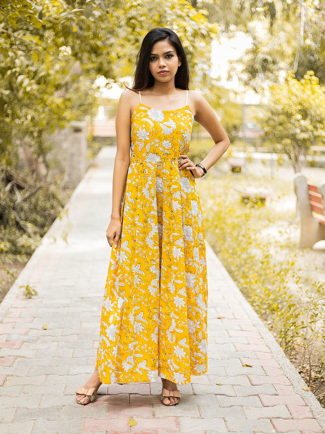 Handblock Printed Yellow Long Kalidar Dress with Smocking