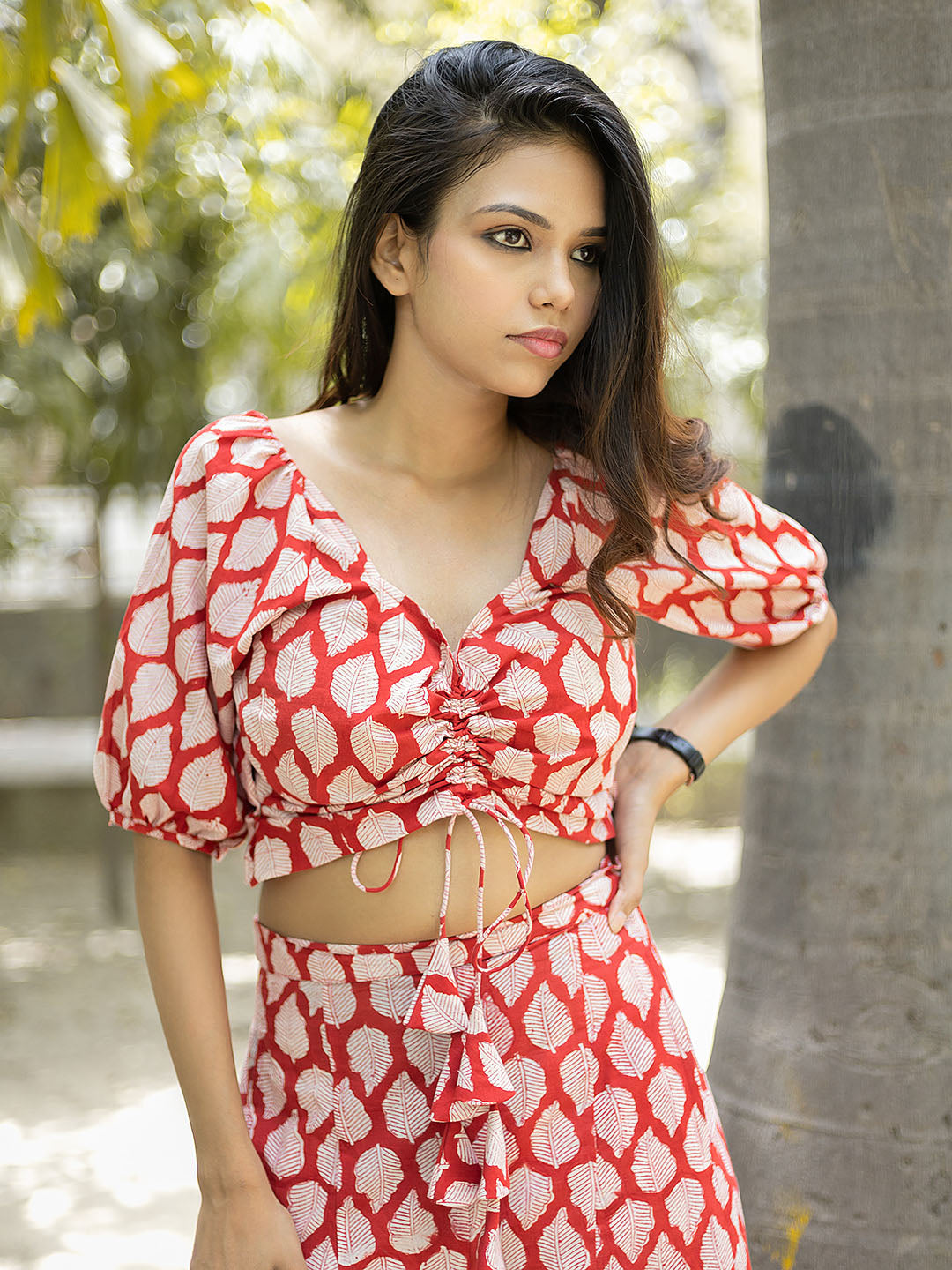 HandBlock Printed Red Leaf Print CO-Ord Set