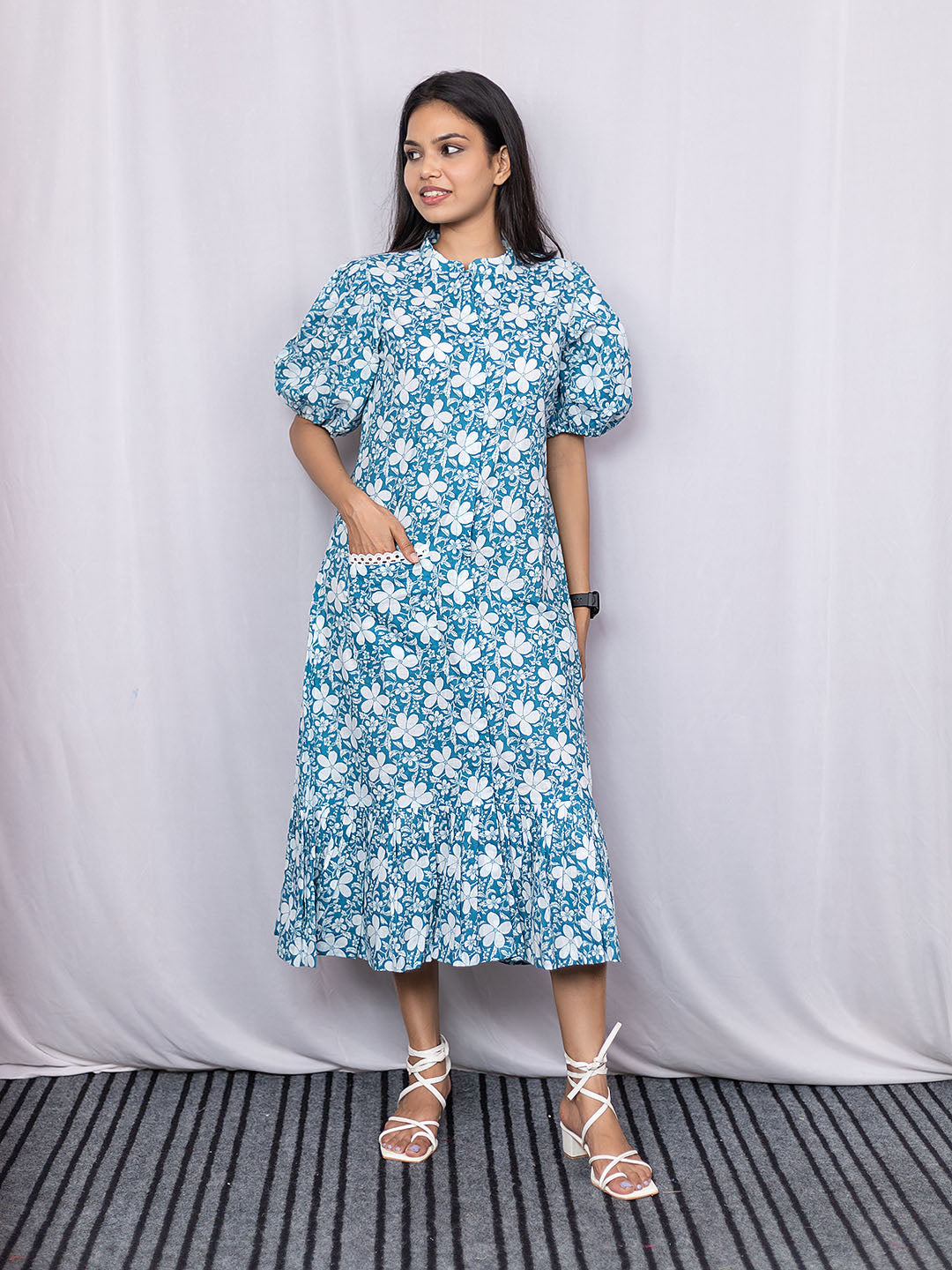 BLUE WITH WHITE FLOWER PRINT Dress