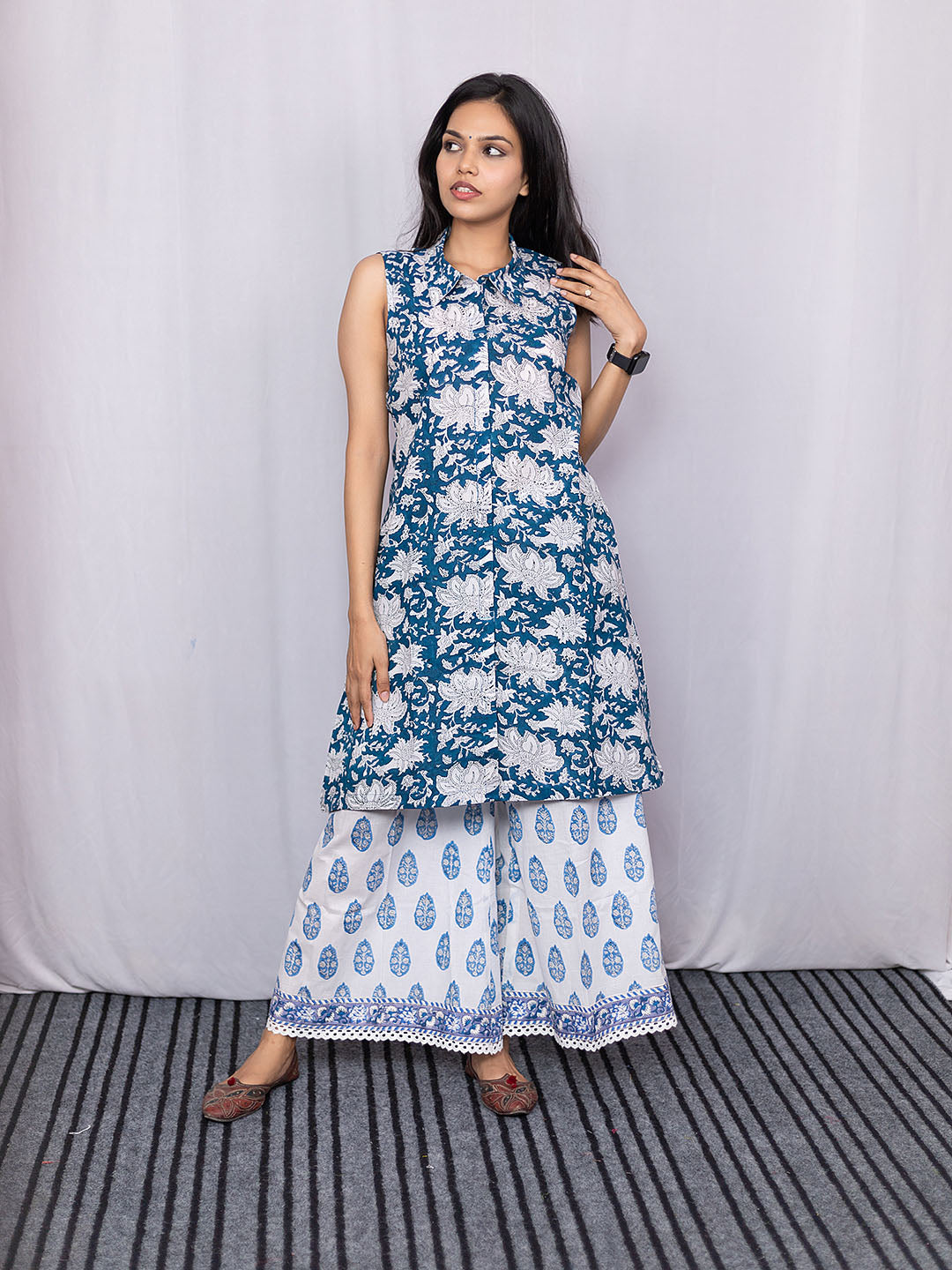 HandBlock Printed Blue Kurta Palazzo Set with Lace Detailing