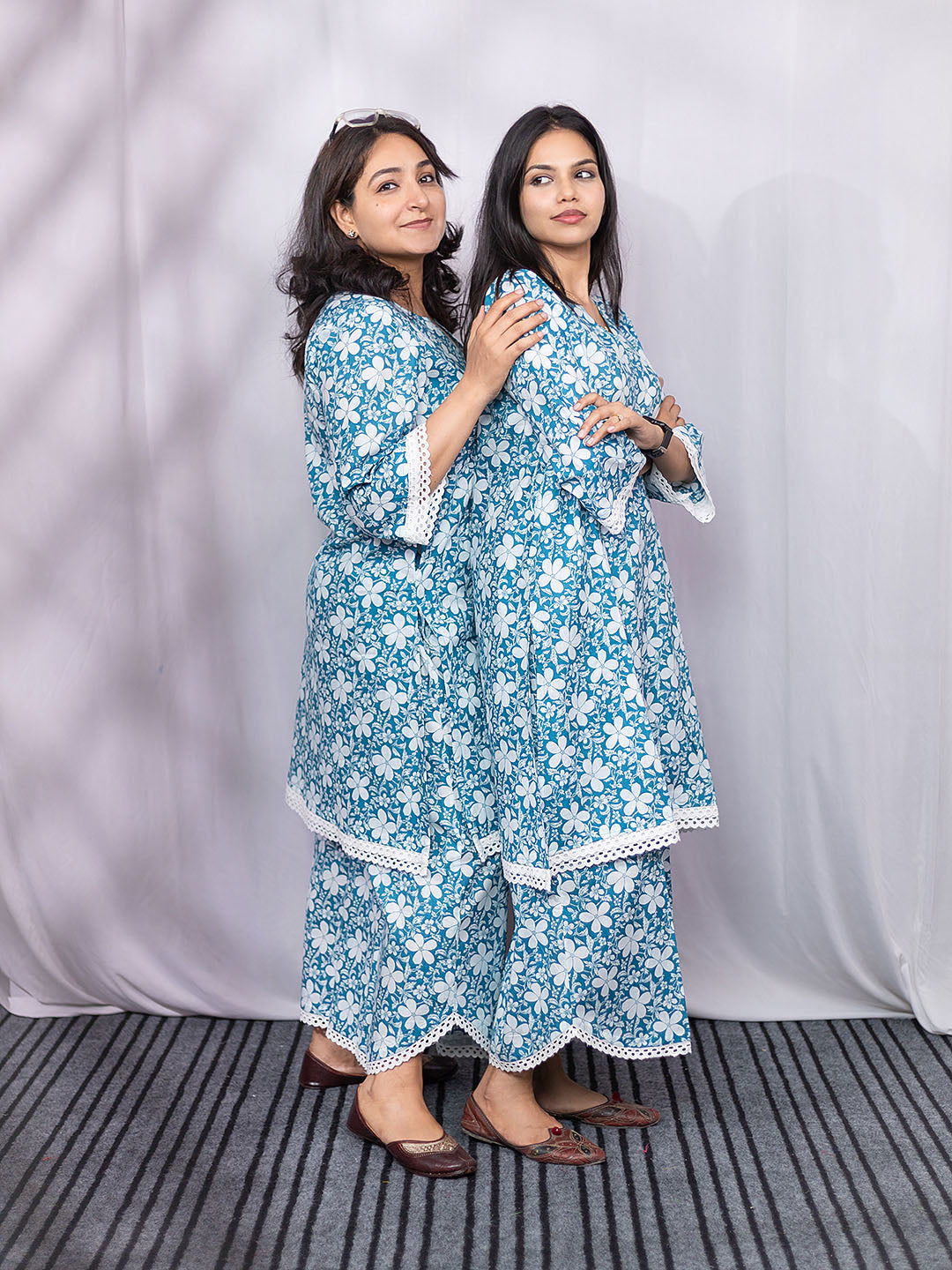 Sky Blue and White Floral Print Kurta Set with Lace Details