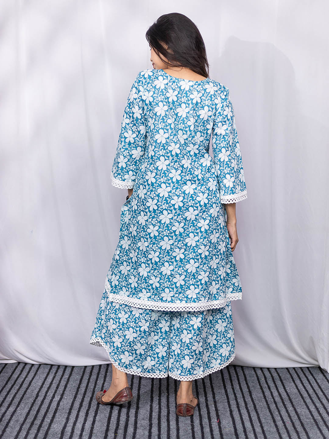 Sky Blue and White Floral Print Kurta Set with Lace Details