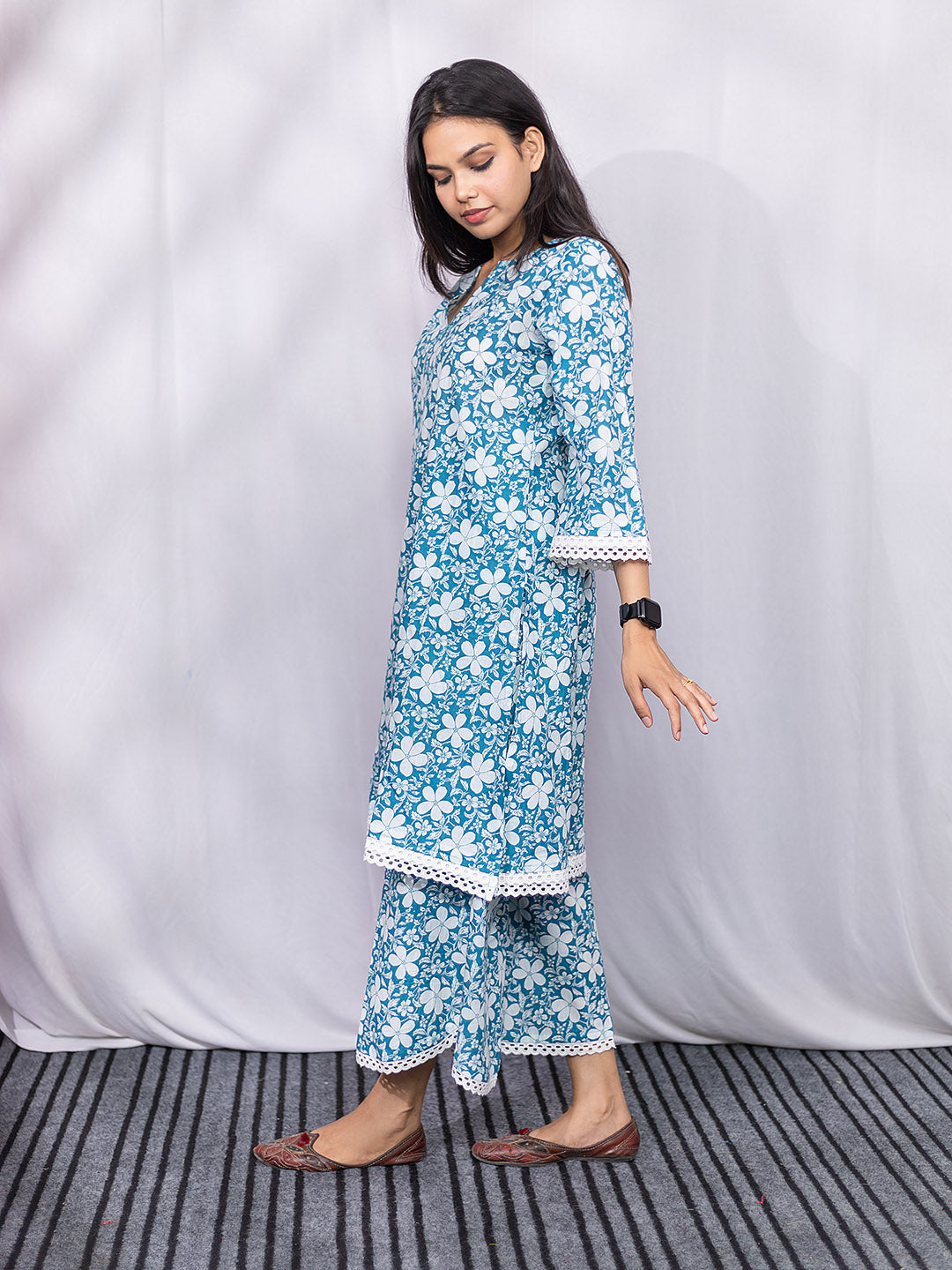 Sky Blue and White Floral Print Kurta Set with Lace Details