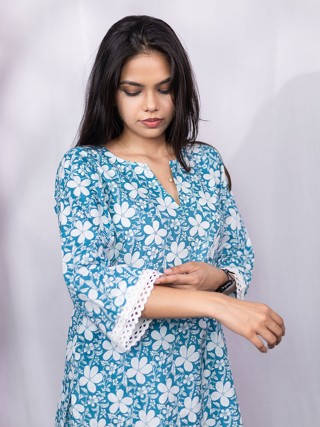 Sky Blue and White Floral Print Kurta Set with Lace Details