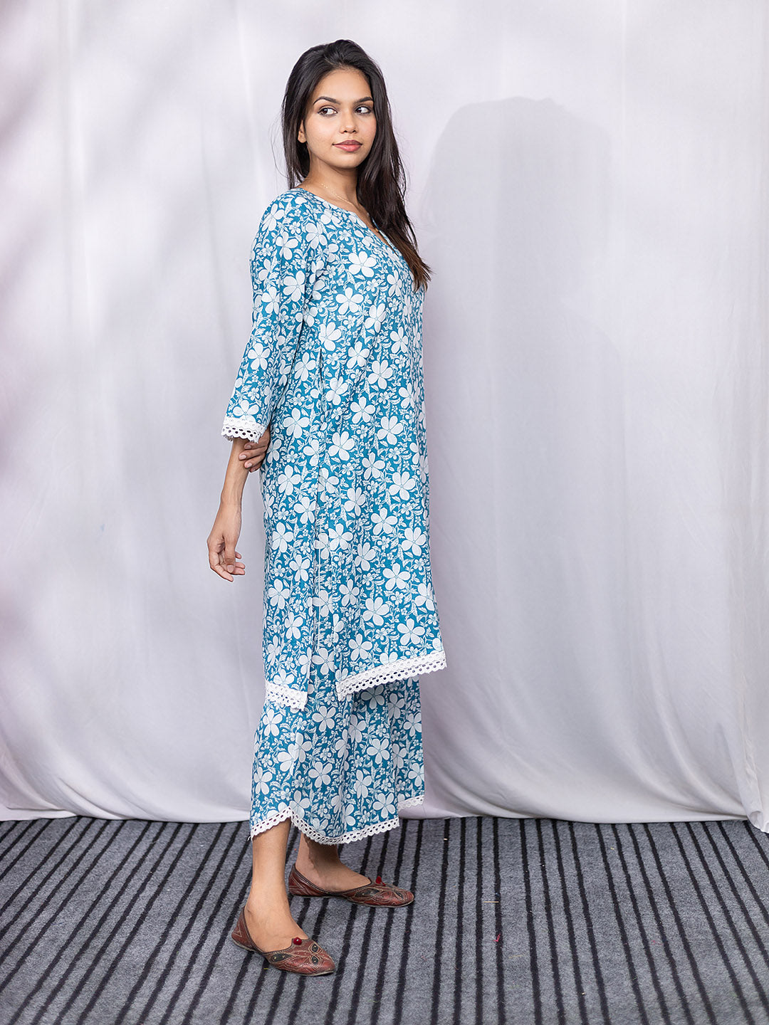 Sky Blue and White Floral Print Kurta Set with Lace Details