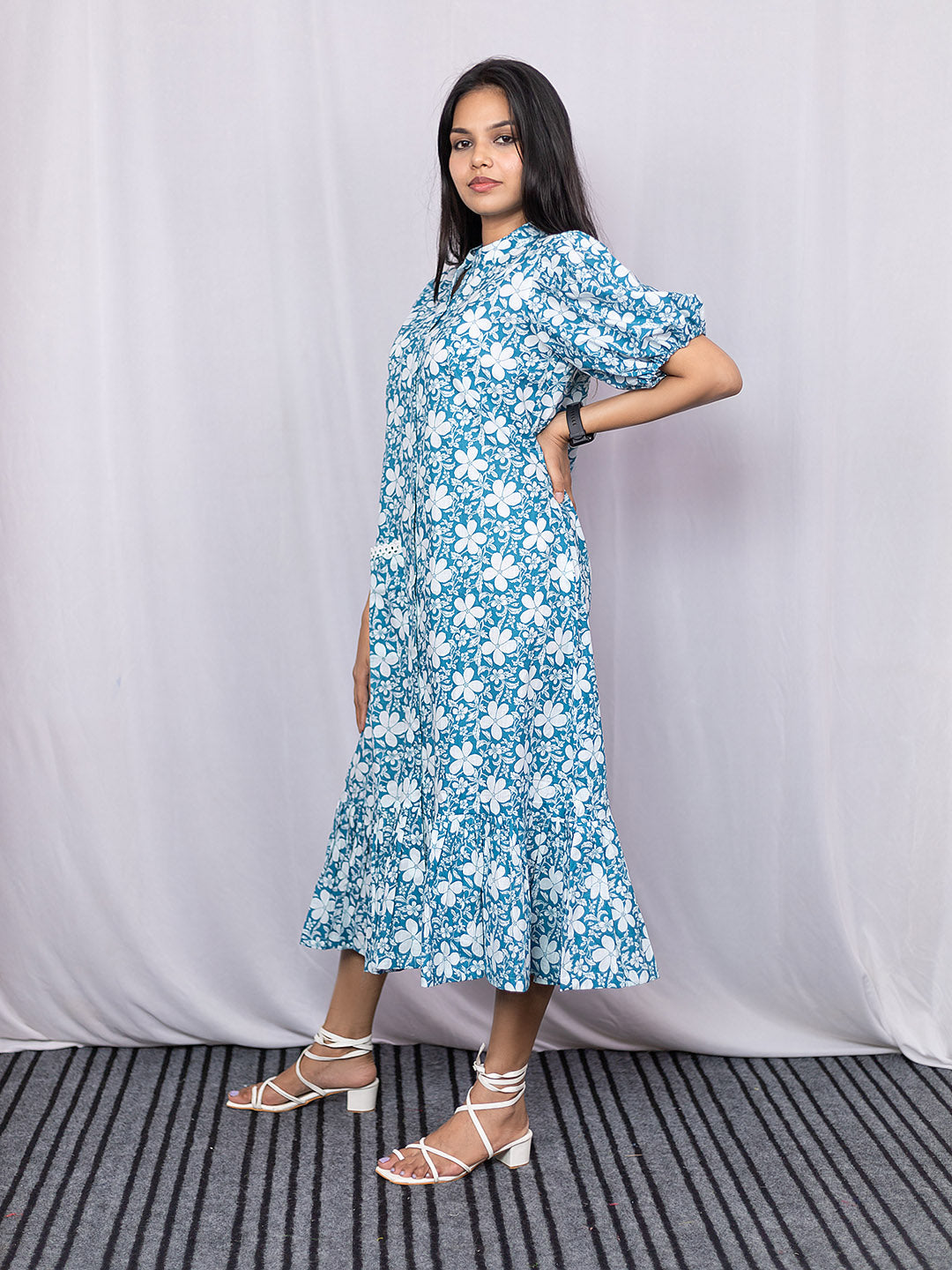 BLUE WITH WHITE FLOWER PRINT Dress