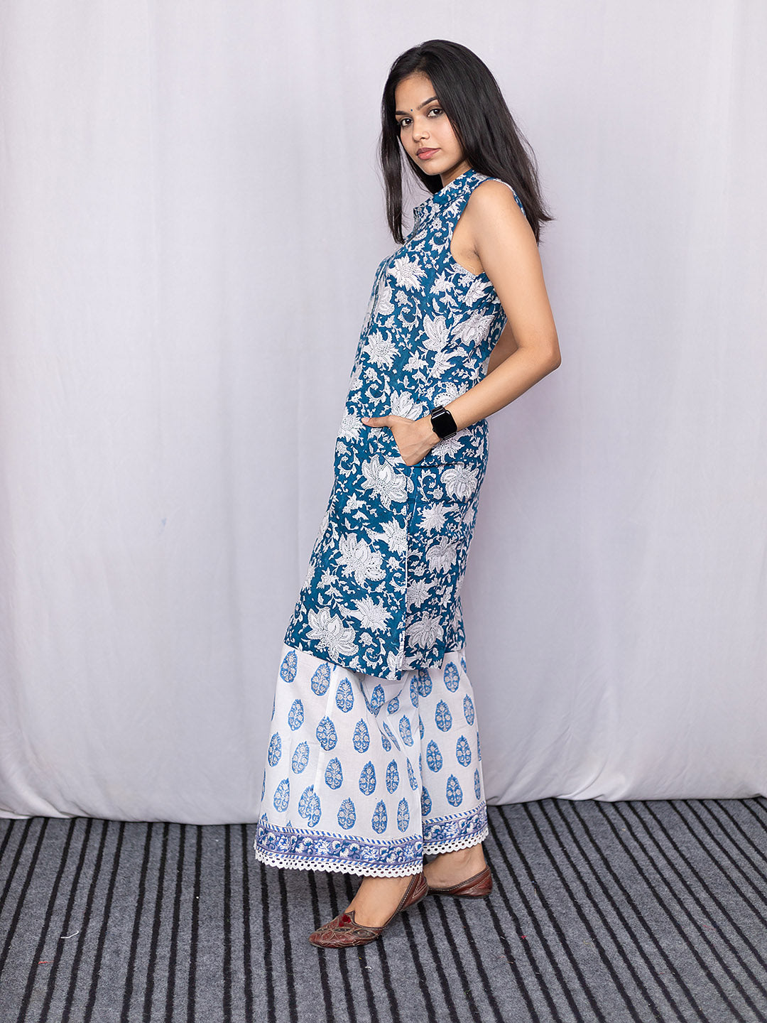 HandBlock Printed Blue Kurta Palazzo Set with Lace Detailing