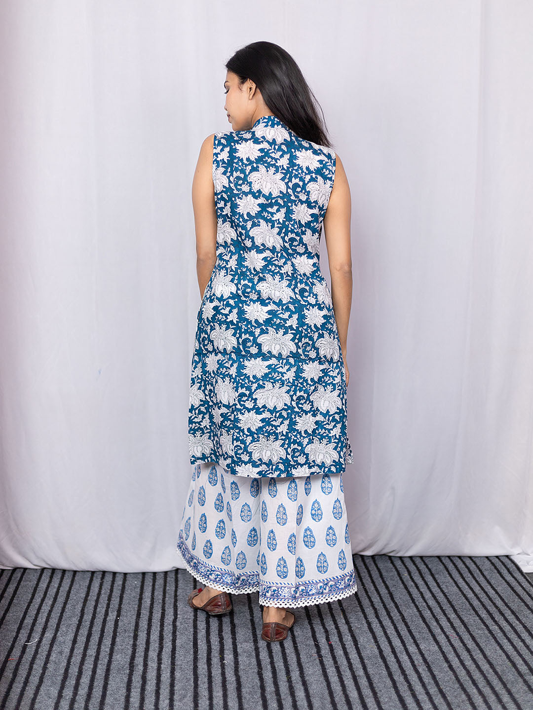 HandBlock Printed Blue Kurta Palazzo Set with Lace Detailing