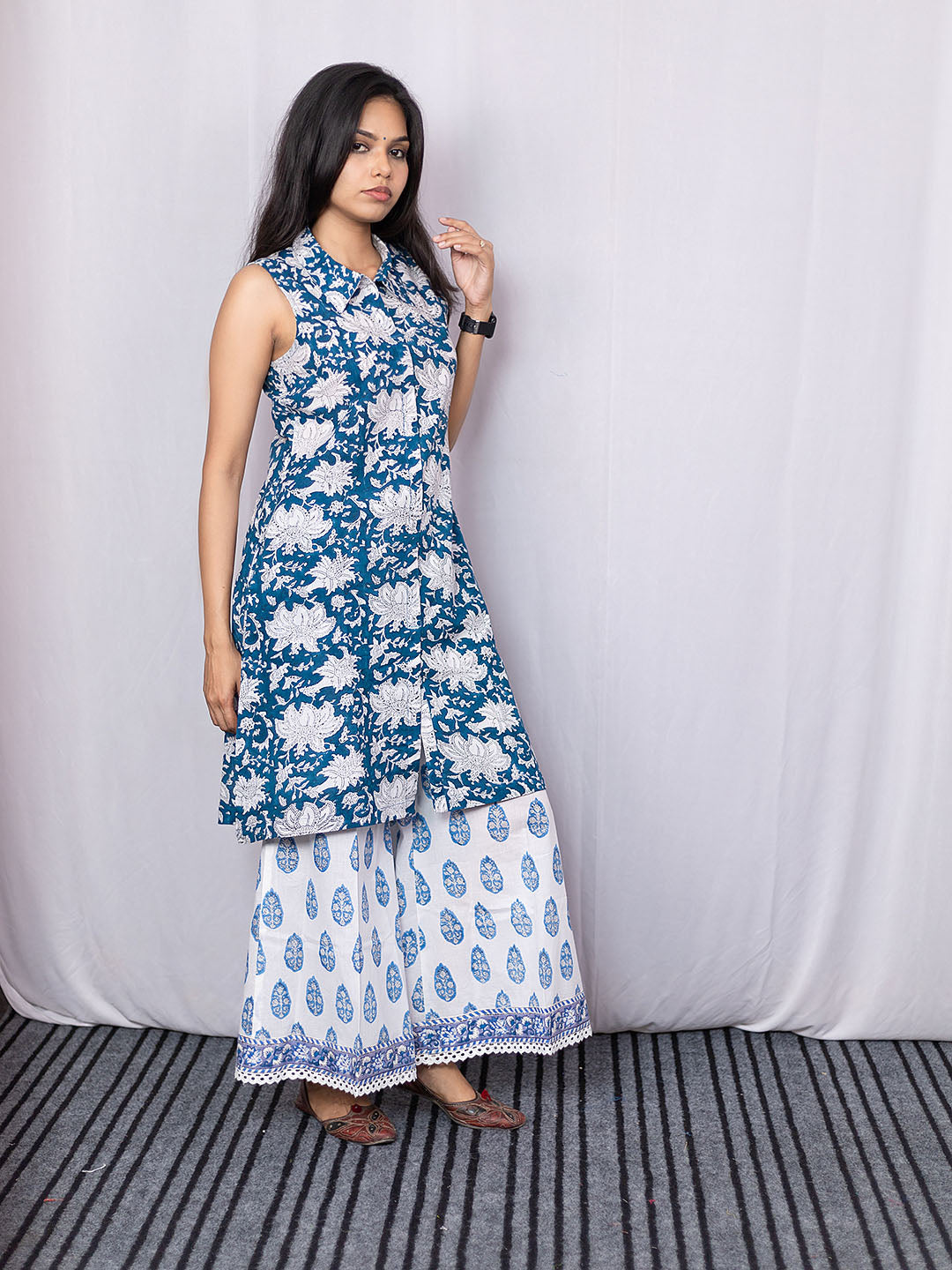 HandBlock Printed Blue Kurta Palazzo Set with Lace Detailing