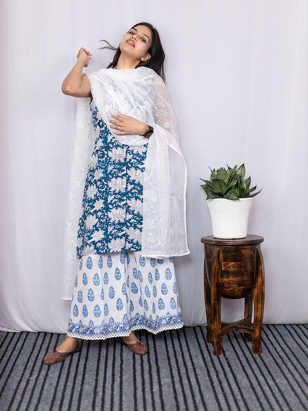 HandBlock Printed Blue Kurta Palazzo Set with Lace Detailing