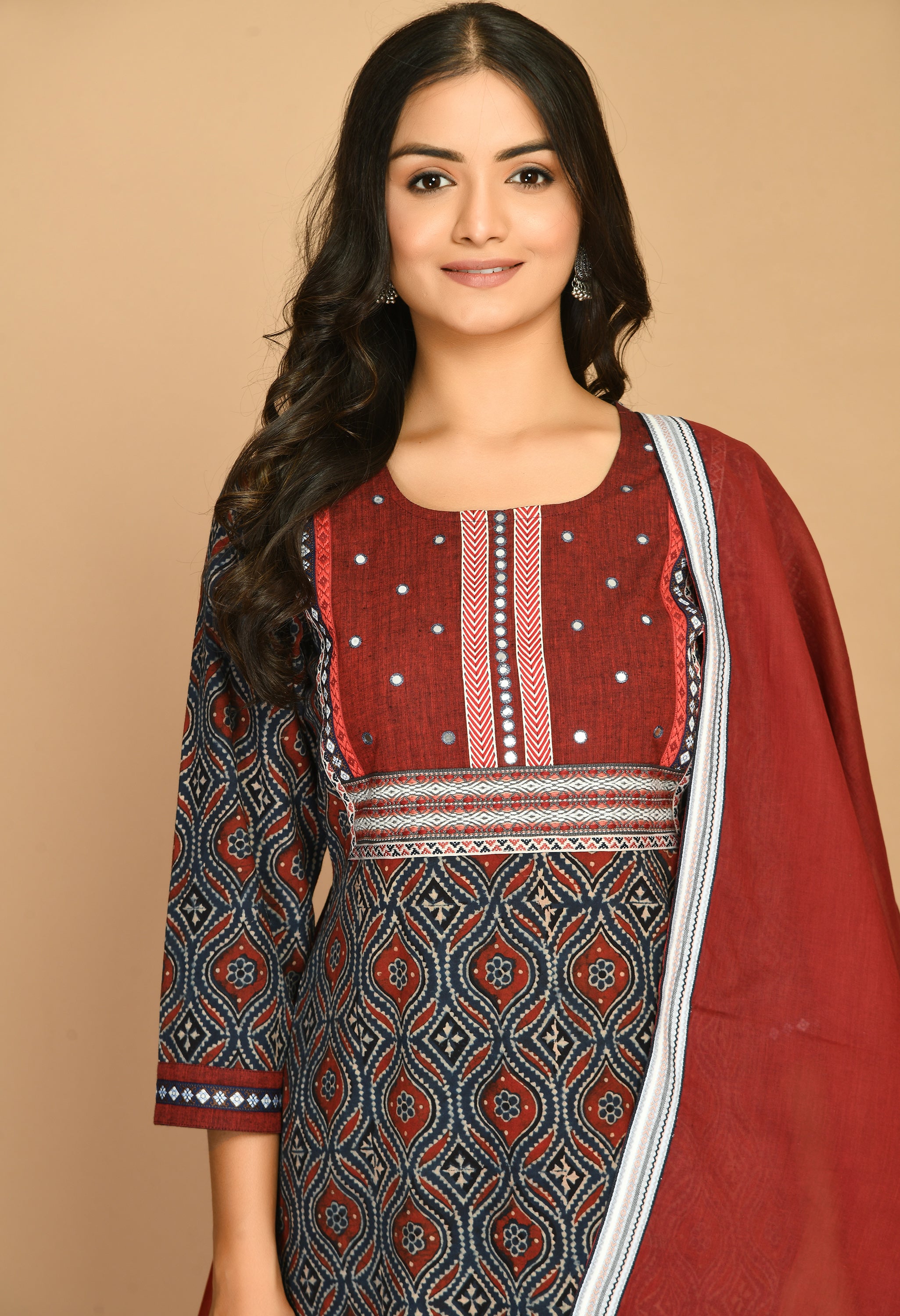 Blue Ajrakh Kurta With  Handloom Pants And Dupatta