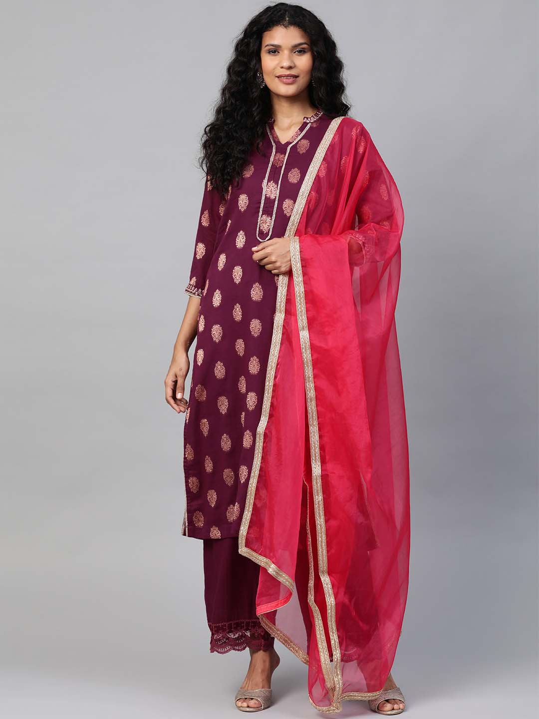 Rani Pink Embroidered Kurta With  Palazzo And Organza Dupatta - Set of 3