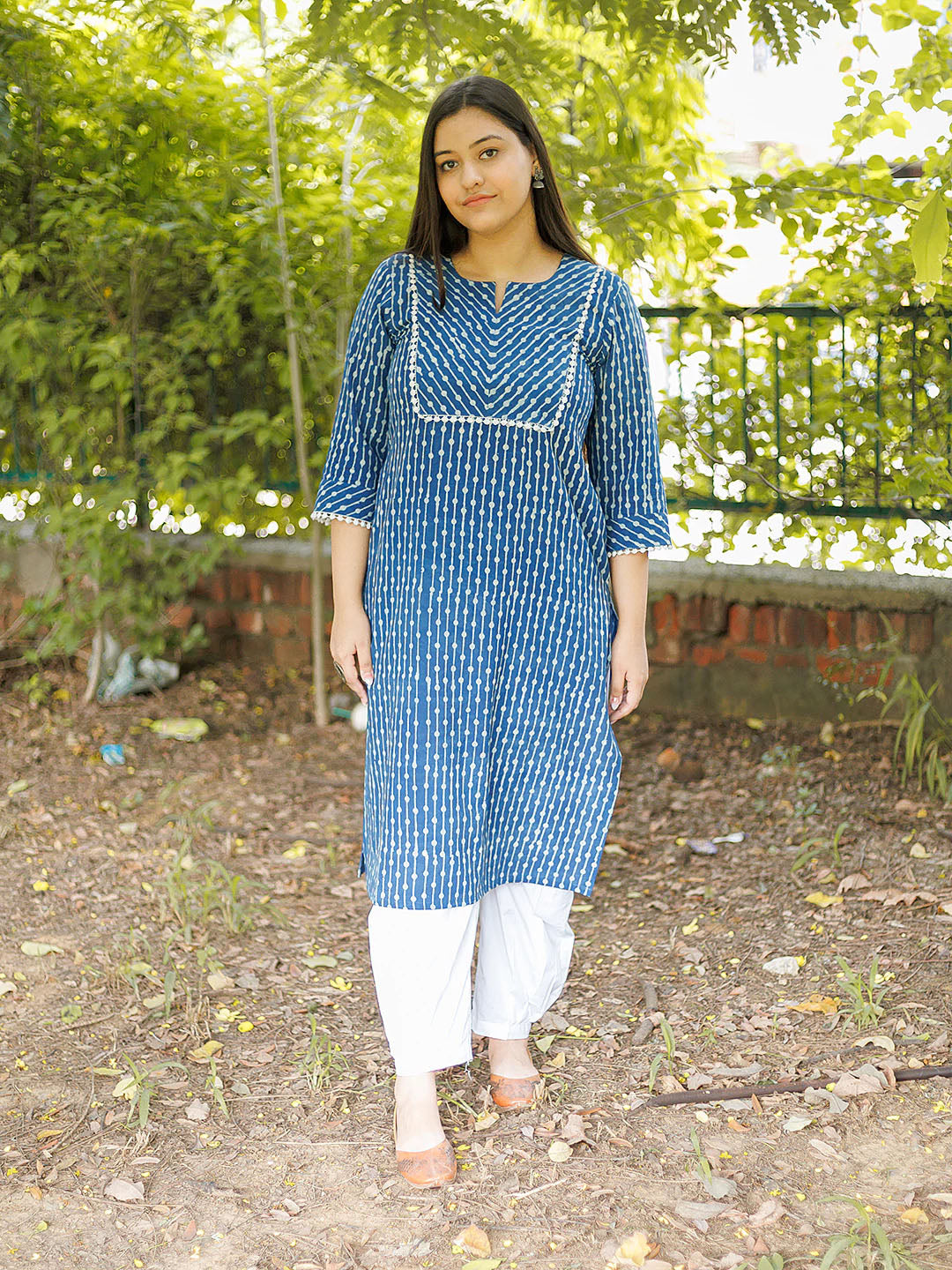 Handblock Printed Natural dyed Indigo Kurta with Lace details