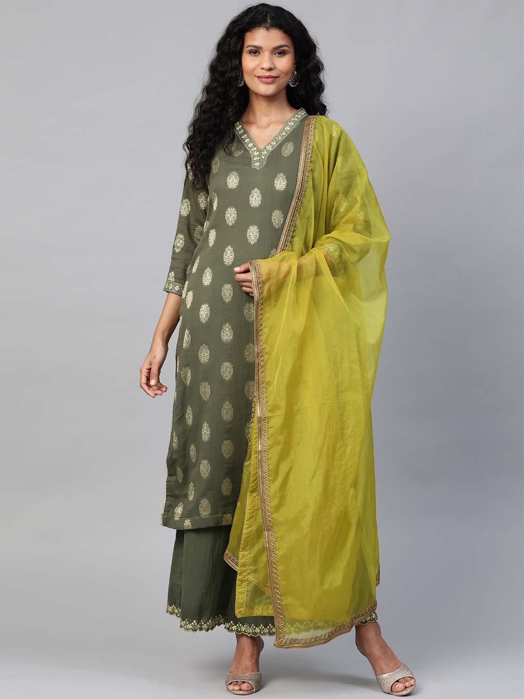 Green Embroidered Kurta With Cotton Embroidered Palazzo And Organza Dupatta - Set of 3