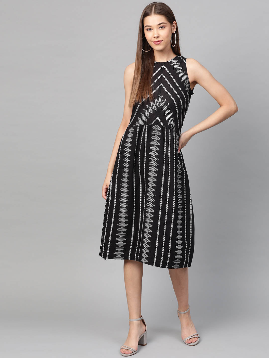 Black & White Self-Design Ikkat A-Line Dress