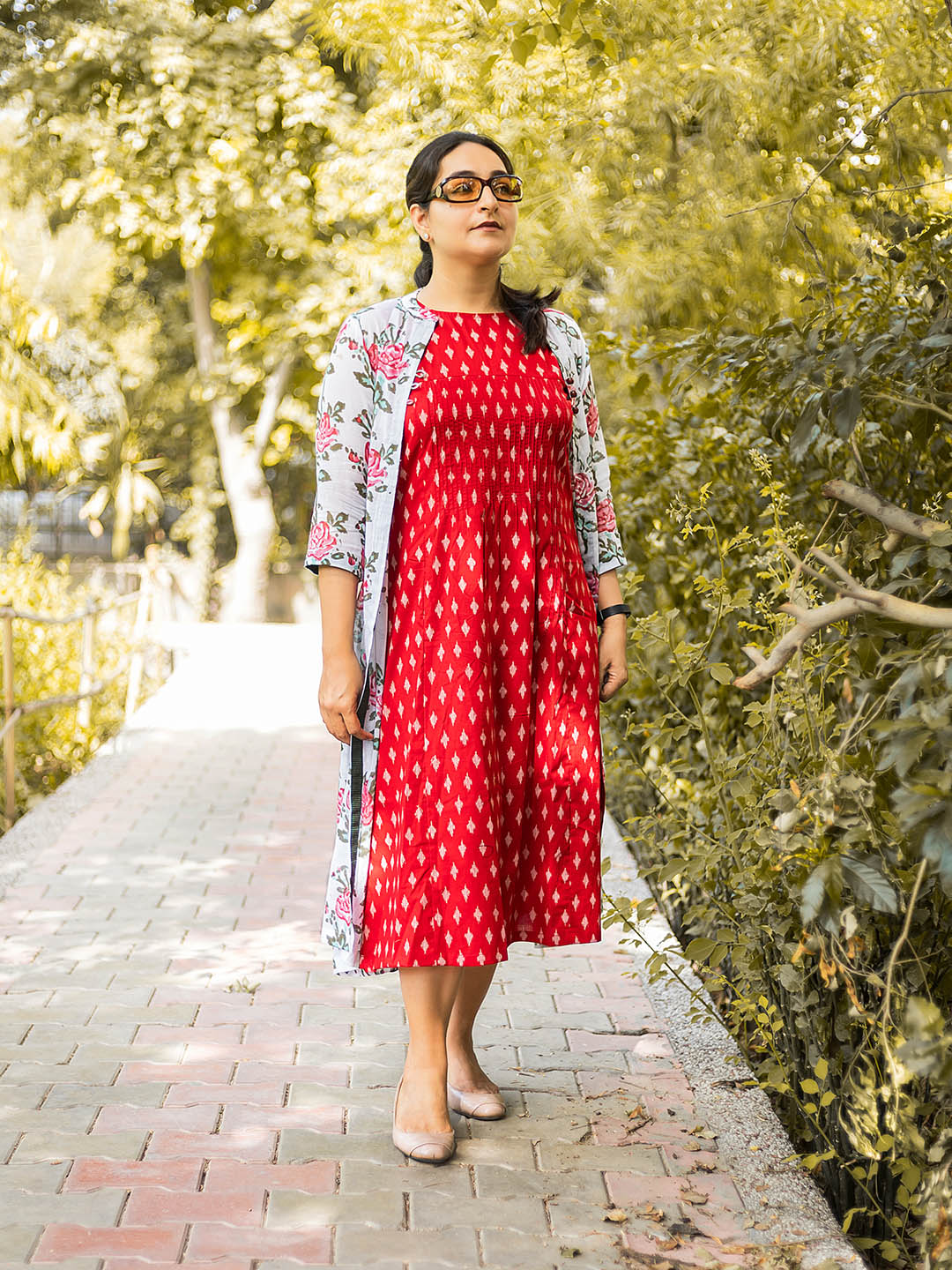 Handblock Printed Overlay Red Dress