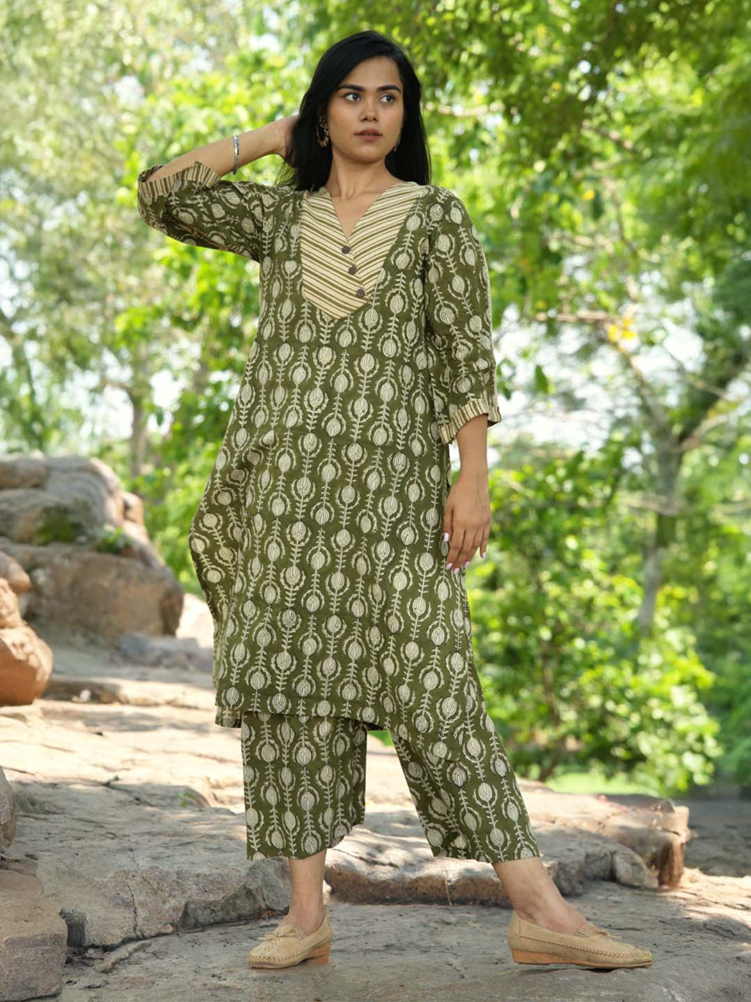 Bagru Handblock Printed Green Yoke Design Kurta Set