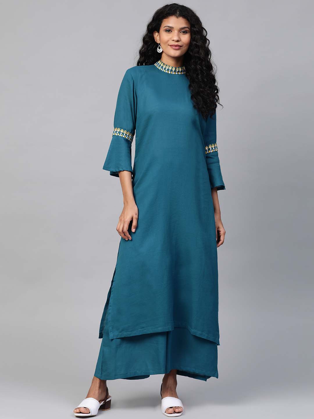 Teal Blue Embroidered  A-Line Kurta and palazzo - Set of 2