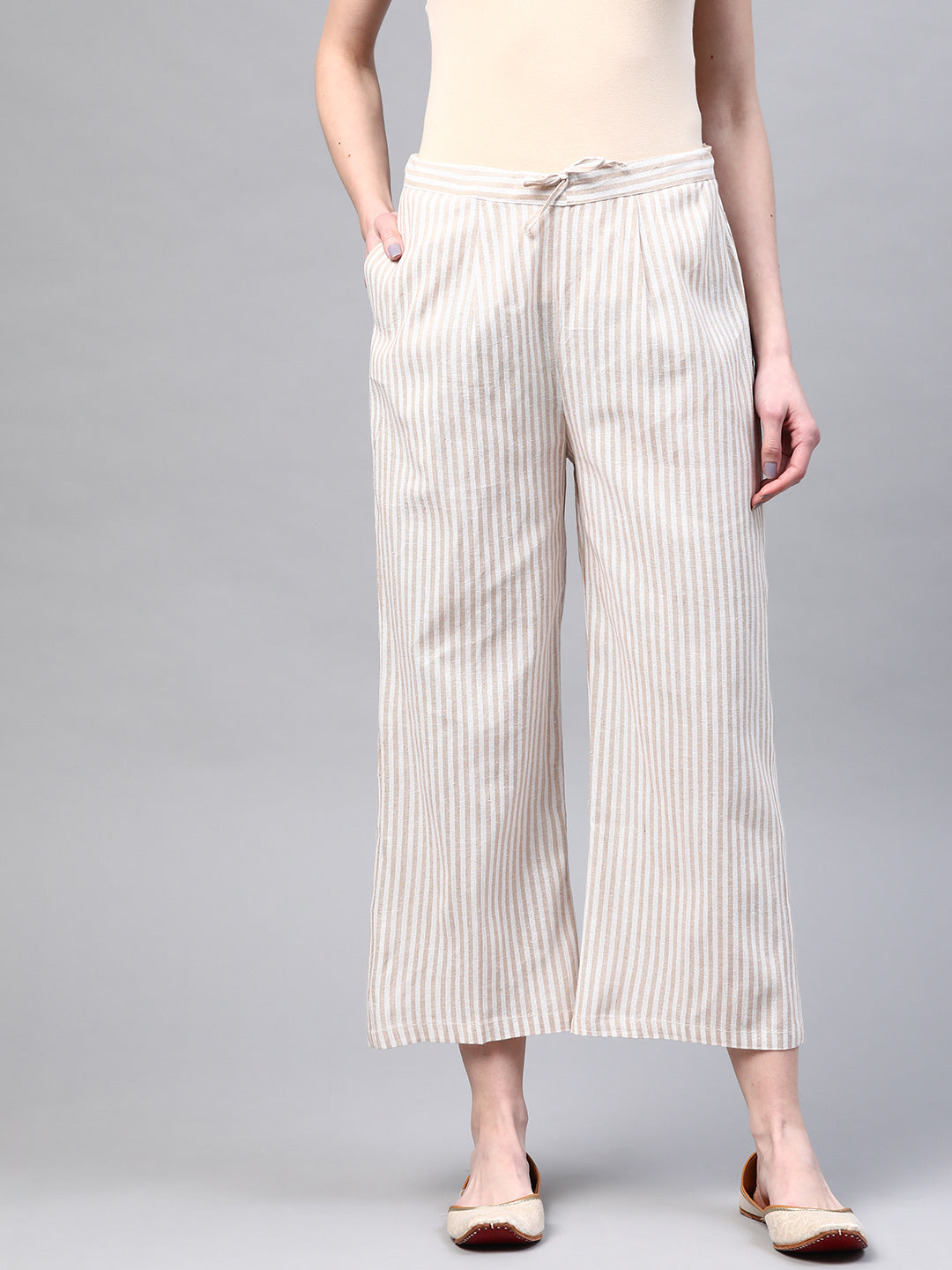 Women Faun  & White Handloom Cotton Striped Wide Leg Sustainable Palazzos