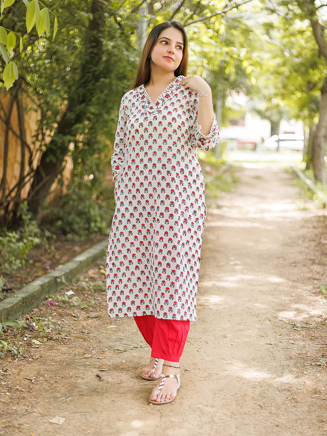 Handblock Printed Red Booty on white Kurta Salwar Set